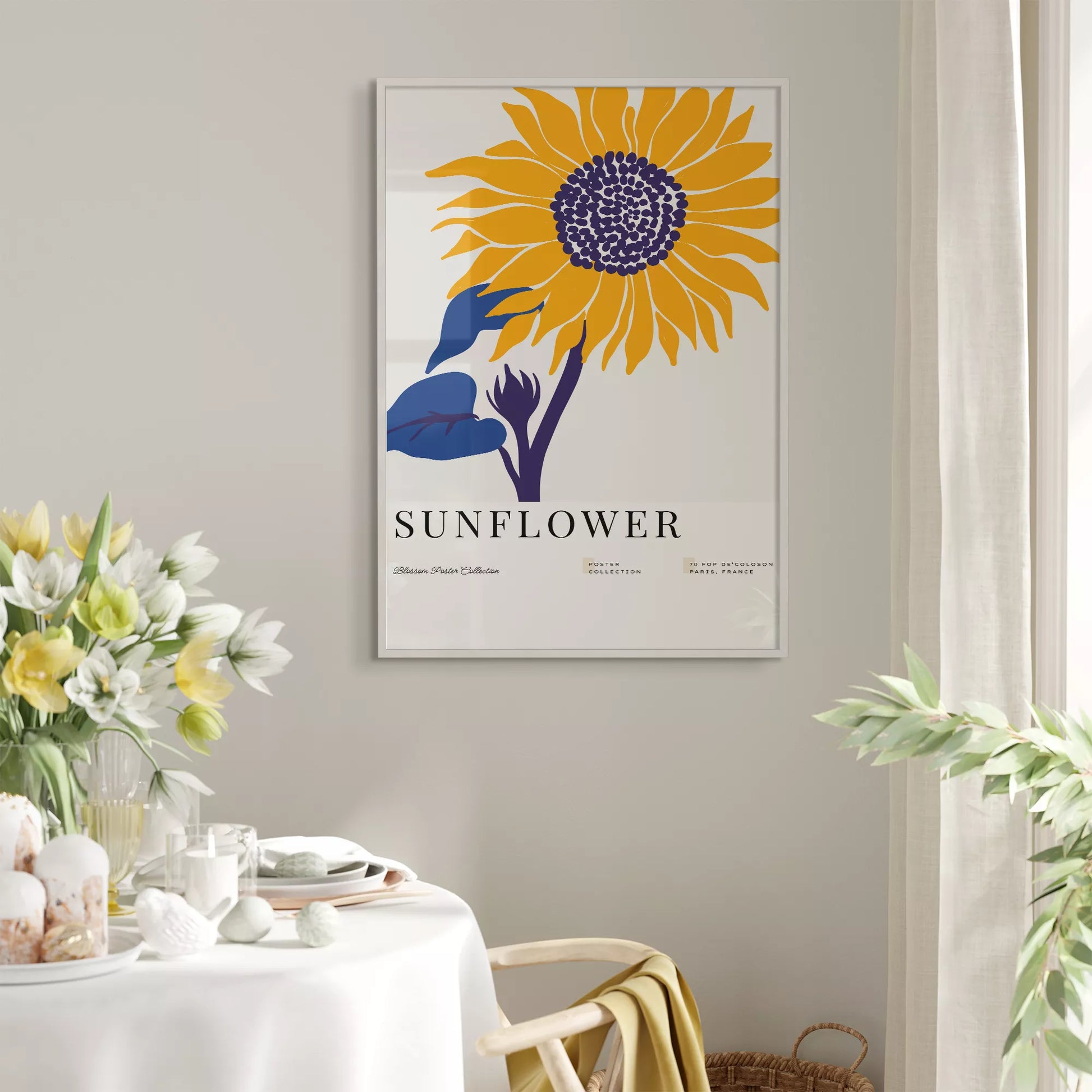黄色いひまわりのミニマルアートプリント北欧デザイン