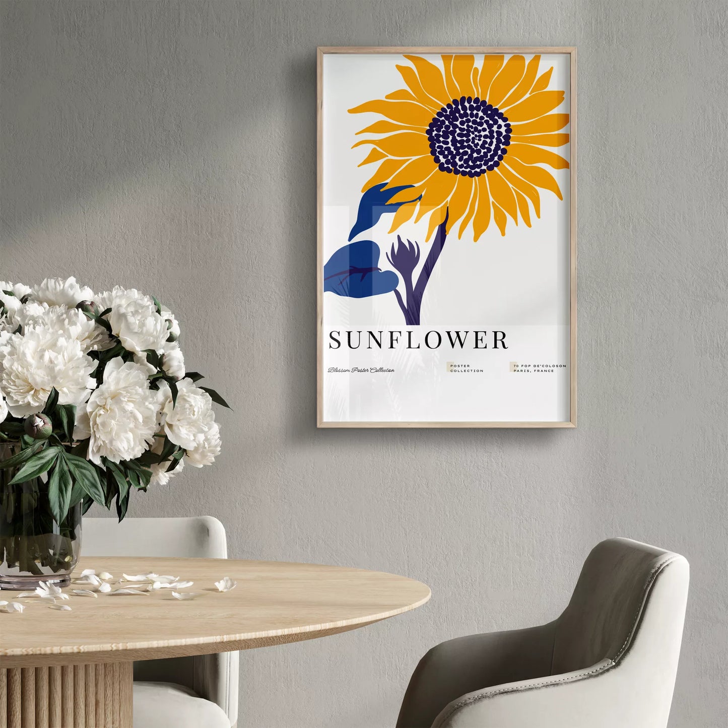 黄色いひまわりのミニマルアートプリント北欧デザイン