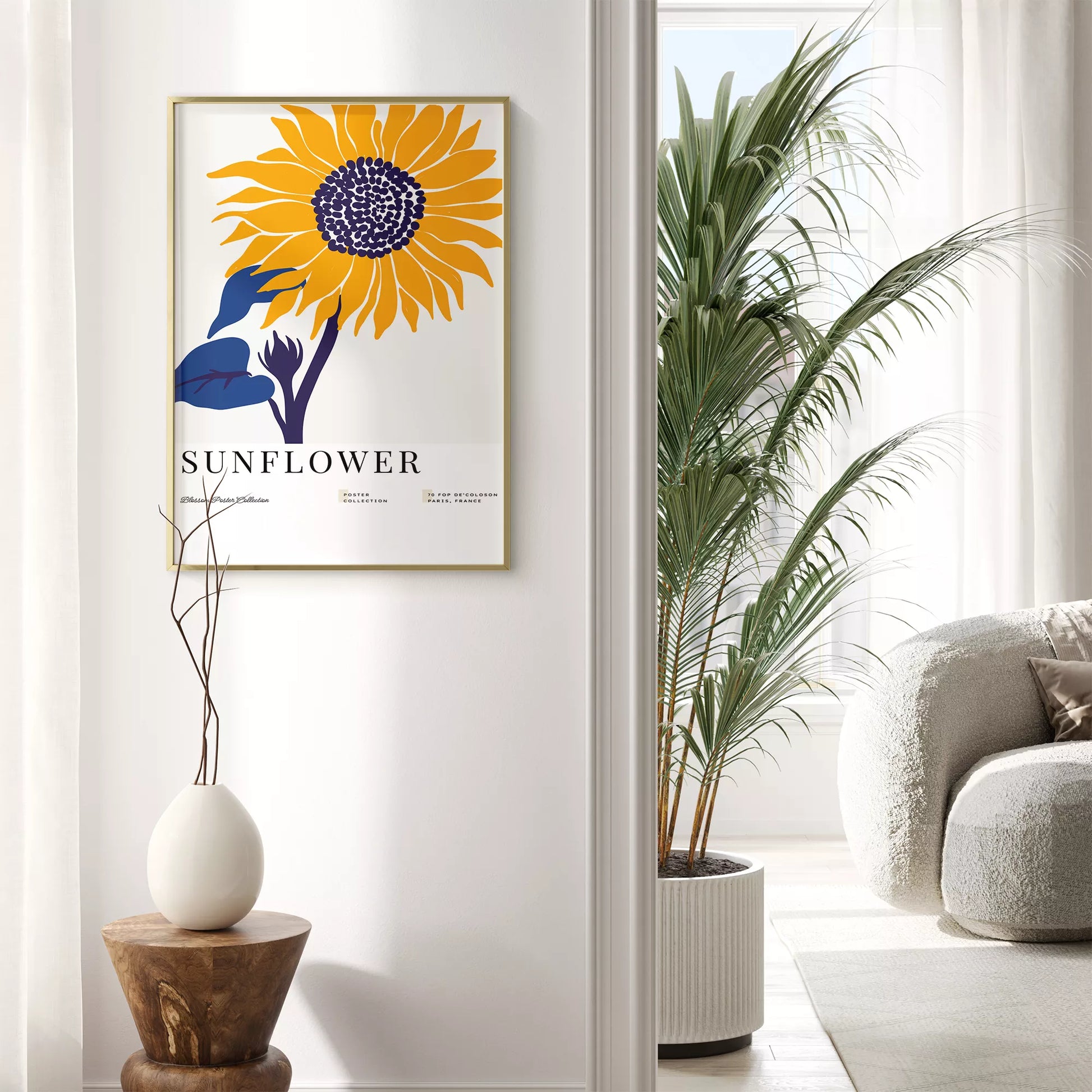 黄色いひまわりのミニマルアートプリント北欧デザイン
