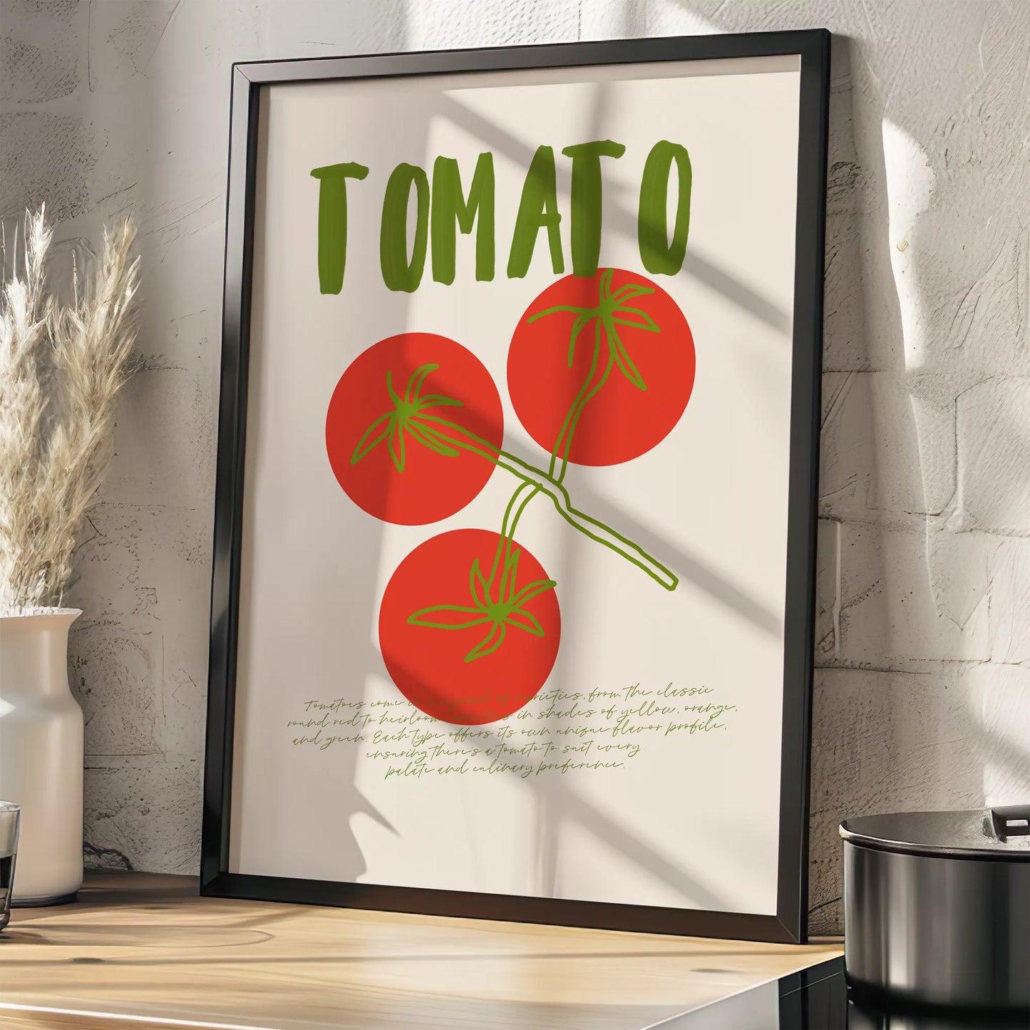 緑の文字と赤いトマト3つのシンプルなボタニカルアート