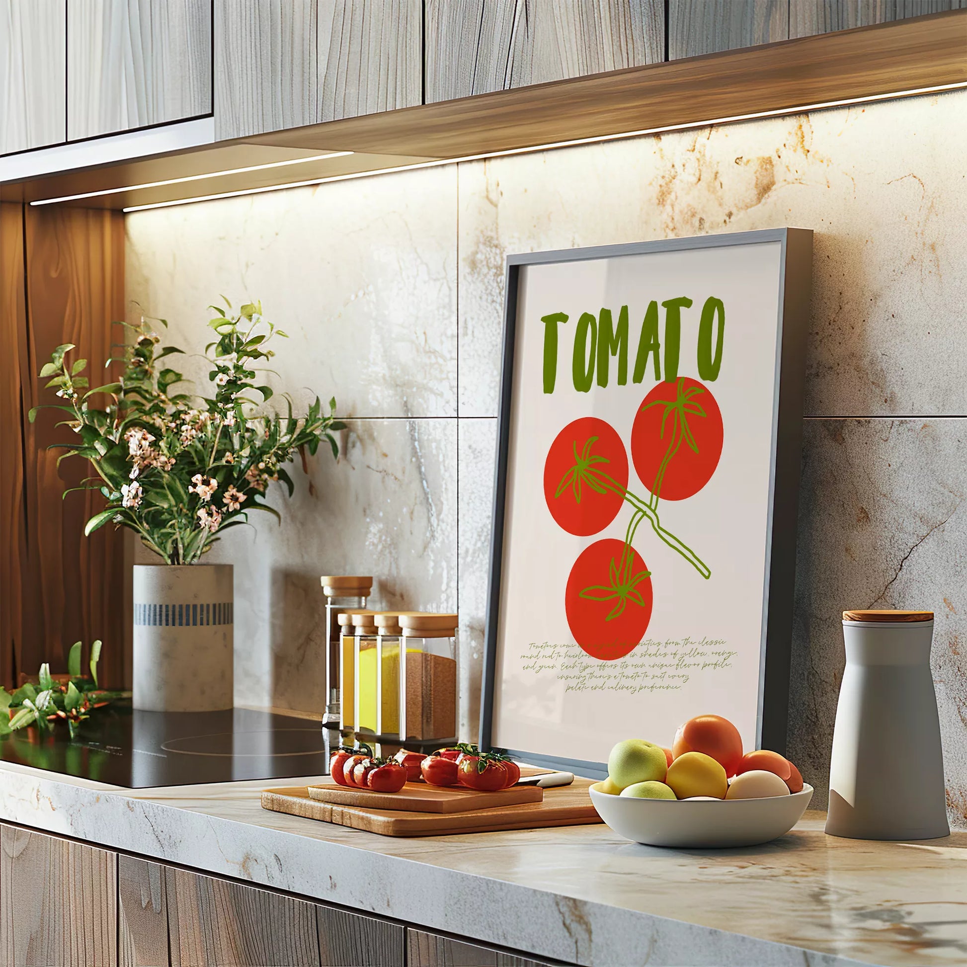 緑の文字と赤いトマト3つのシンプルなボタニカルアート