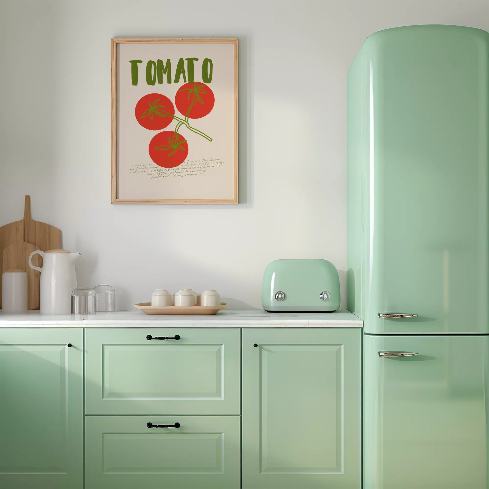 緑の文字と赤いトマト3つのシンプルなボタニカルアート