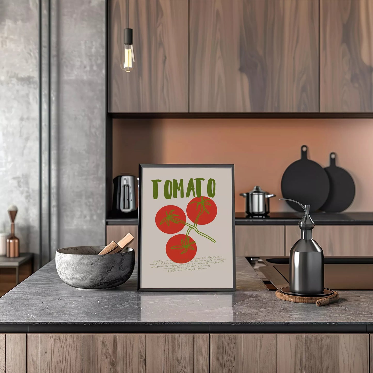 緑の文字と赤いトマト3つのシンプルなボタニカルアート