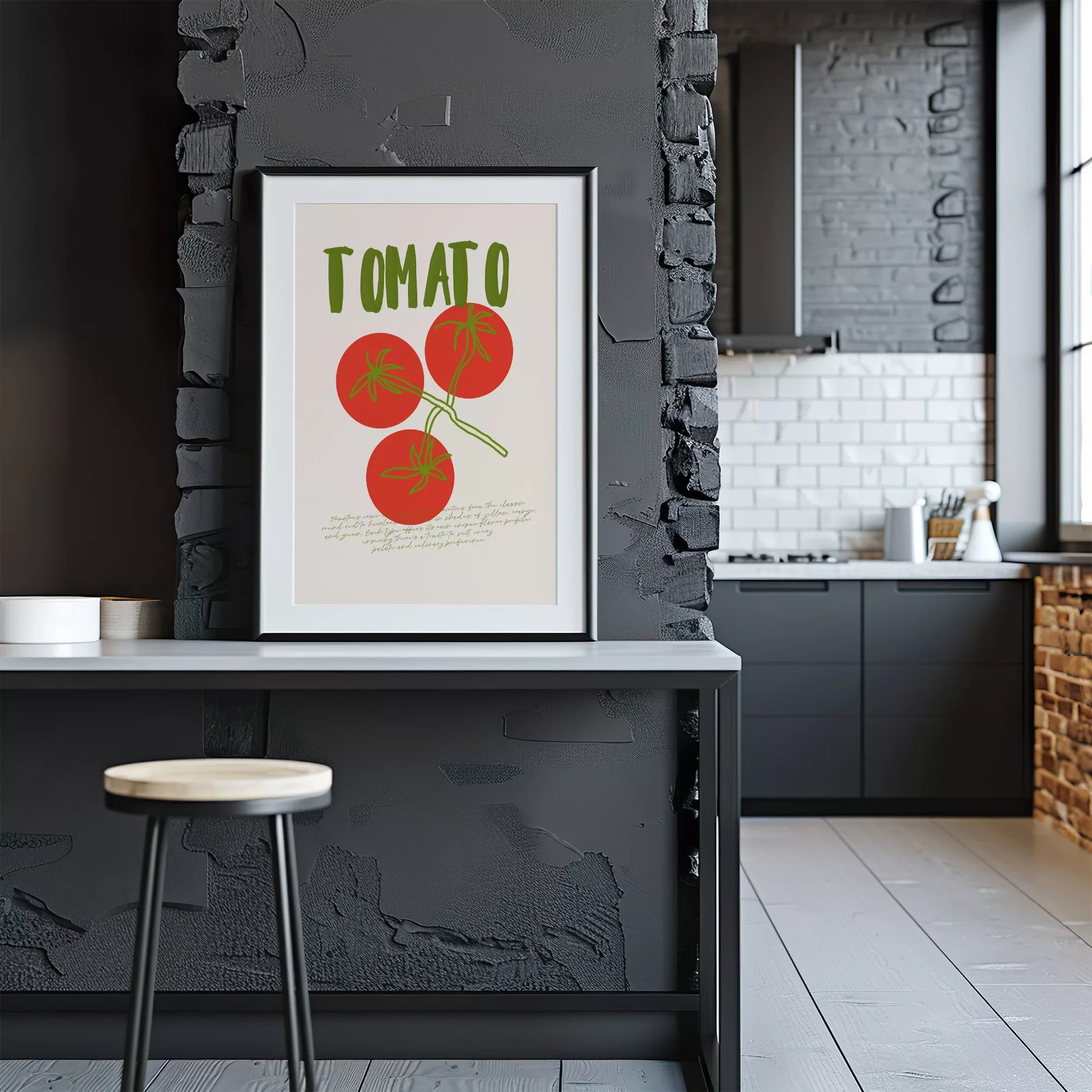 緑の文字と赤いトマト3つのシンプルなボタニカルアート