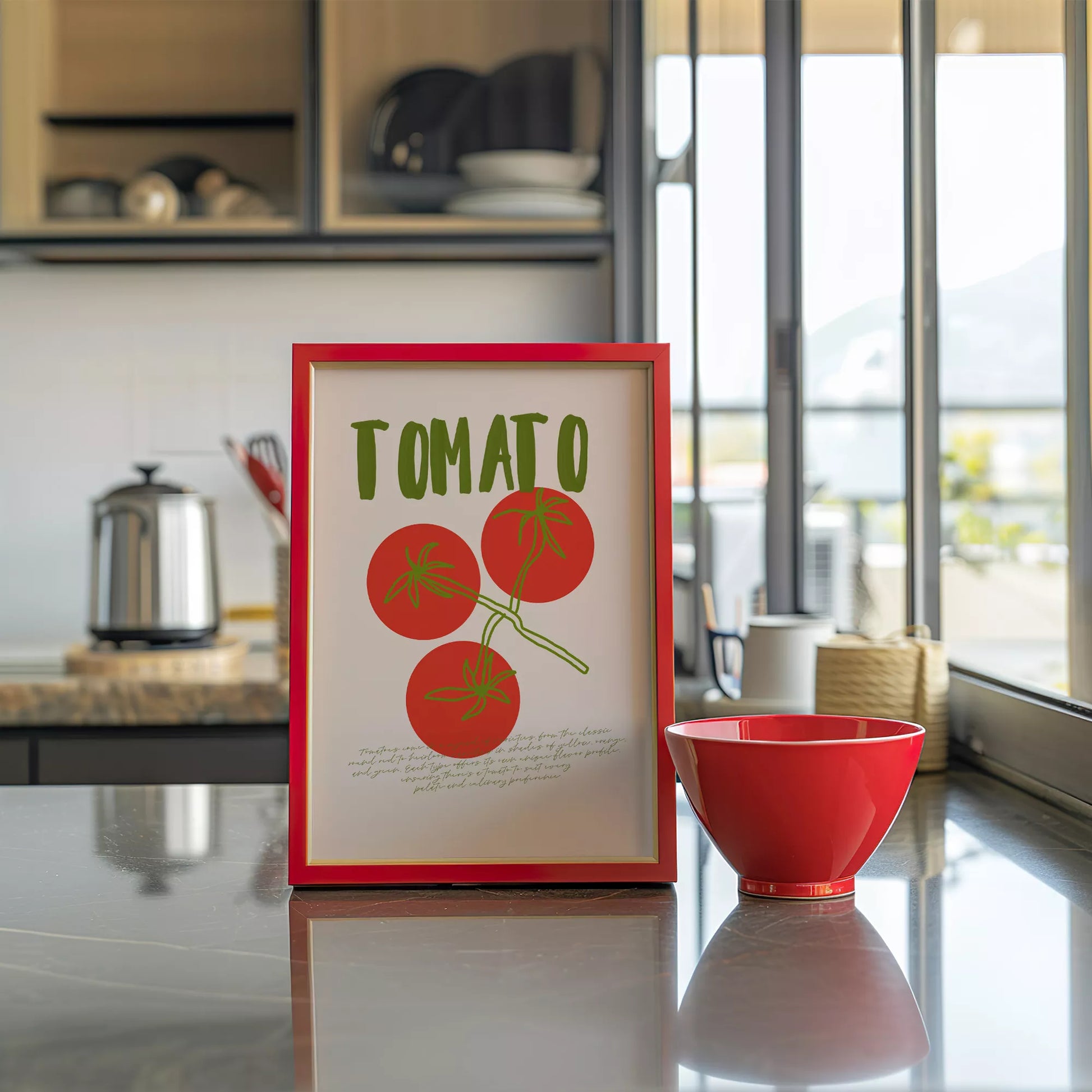 緑の文字と赤いトマト3つのシンプルなボタニカルアート