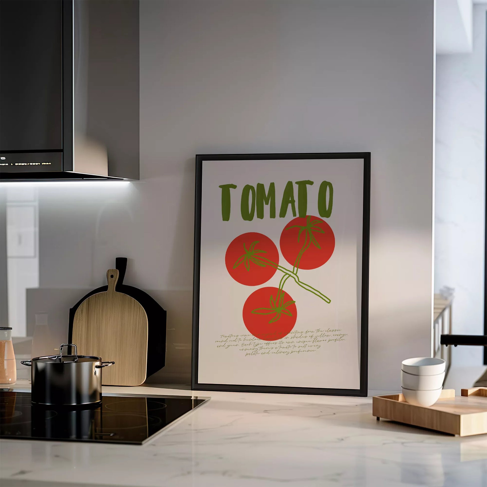 緑の文字と赤いトマト3つのシンプルなボタニカルアート