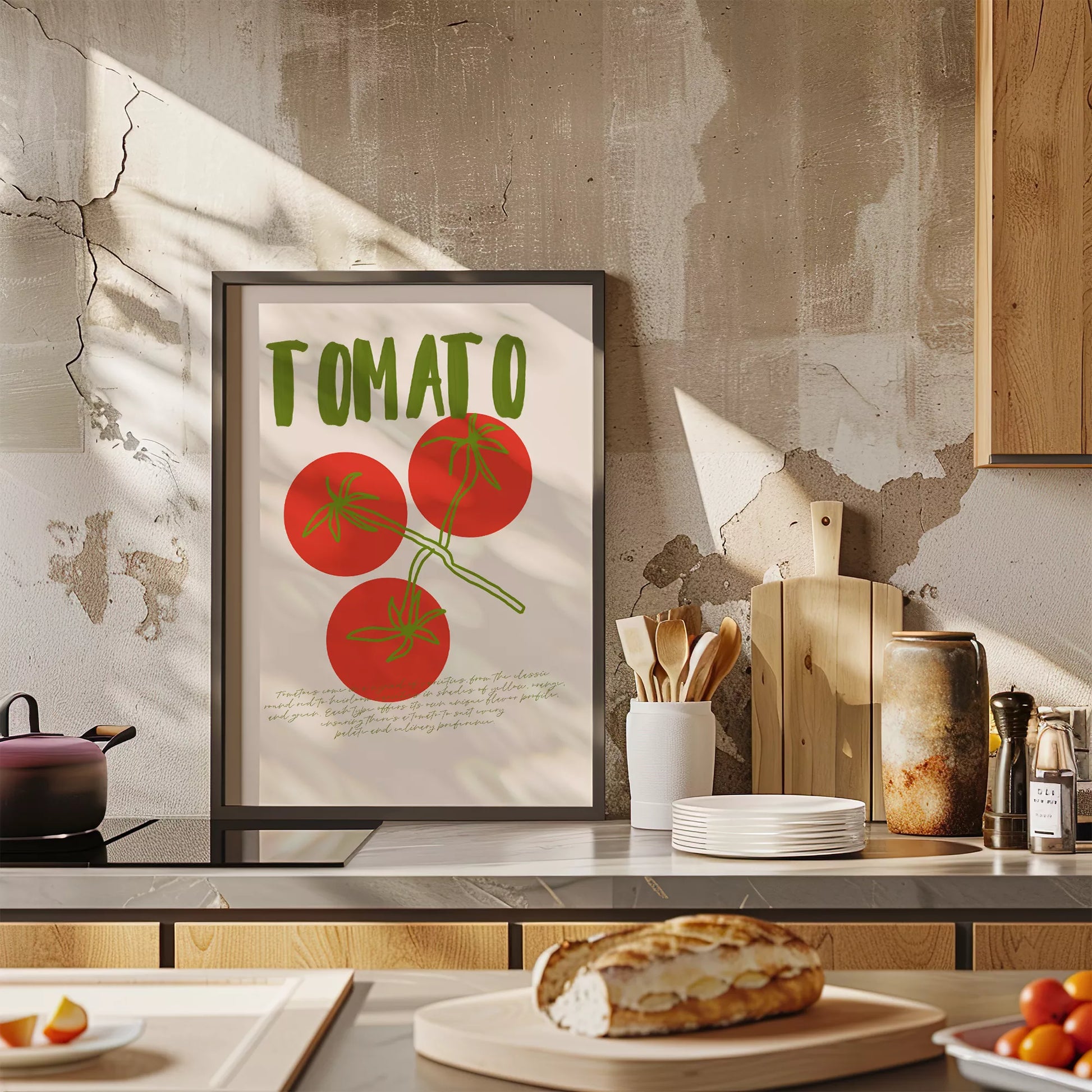 緑の文字と赤いトマト3つのシンプルなボタニカルアート