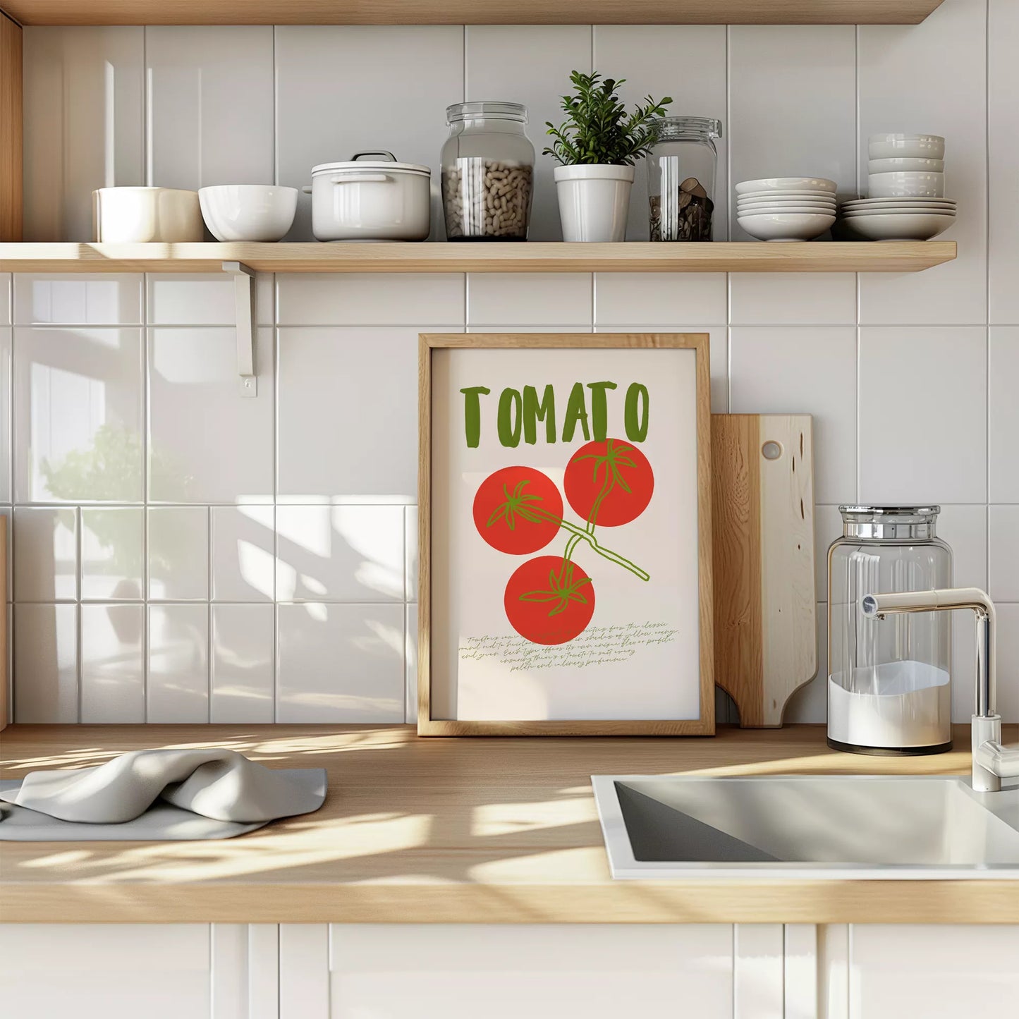 緑の文字と赤いトマト3つのシンプルなボタニカルアート