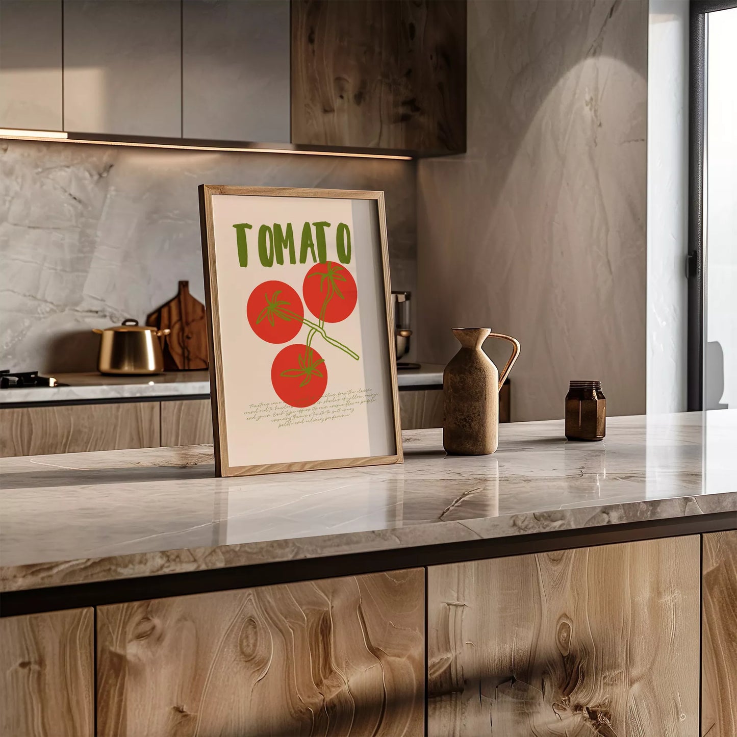 緑の文字と赤いトマト3つのシンプルなボタニカルアート