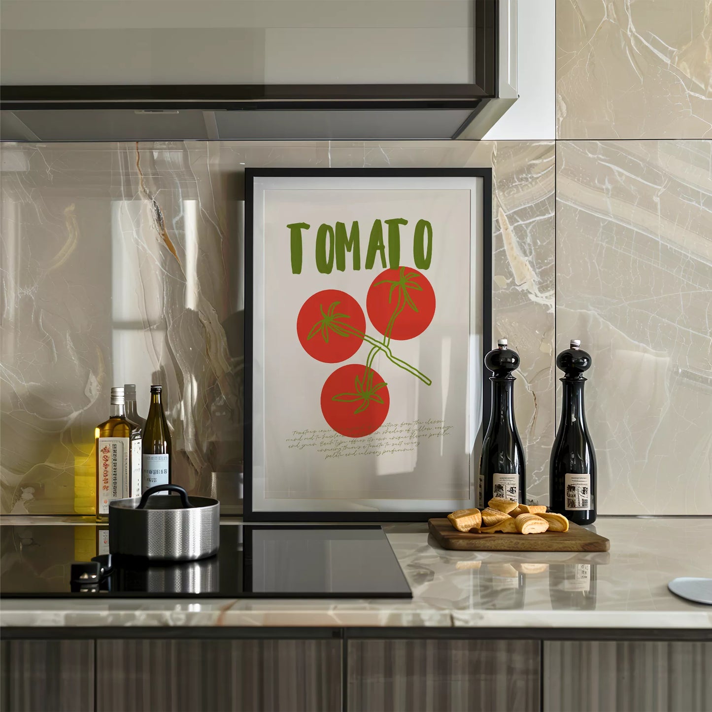 緑の文字と赤いトマト3つのシンプルなボタニカルアート