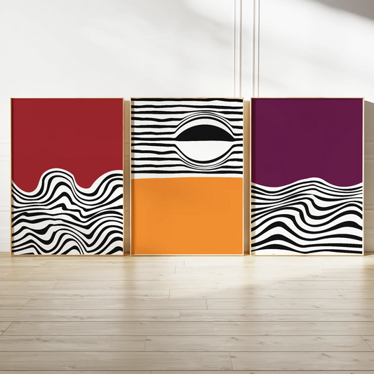 レッドオレンジパープルとモノクロ波形ラインの抽象ジオメトリックアートポスター 3枚セット