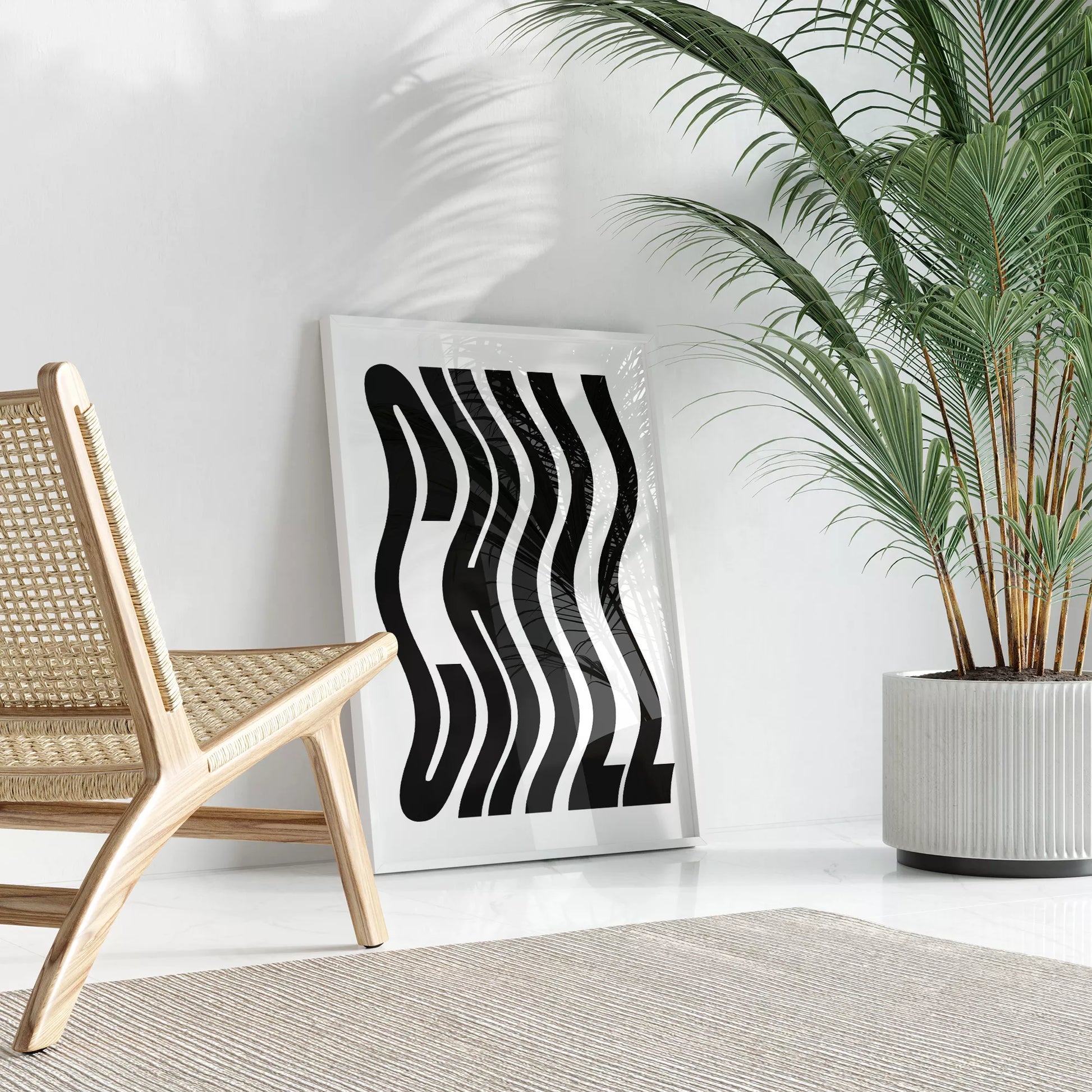 モダンな波状のタイポグラフィーアートプリント、白地に黒の抽象的な文字デザイン