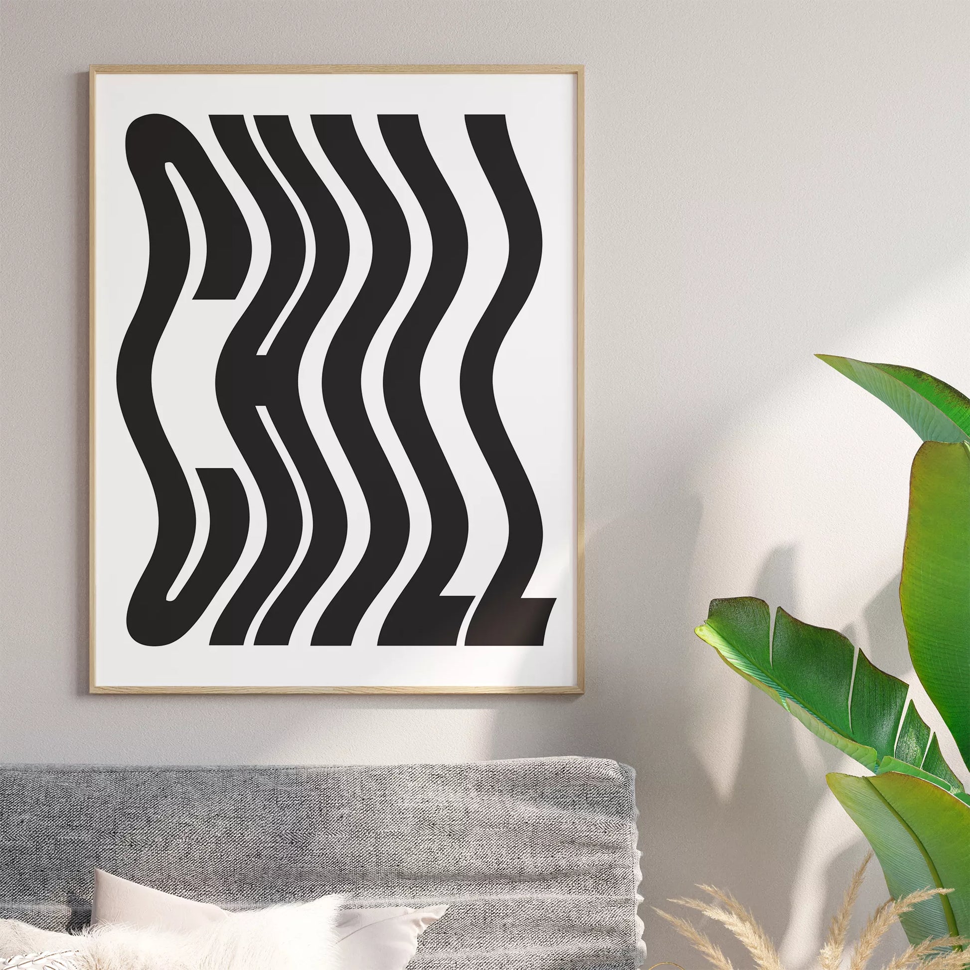 モダンな波状のタイポグラフィーアートプリント、白地に黒の抽象的な文字デザイン