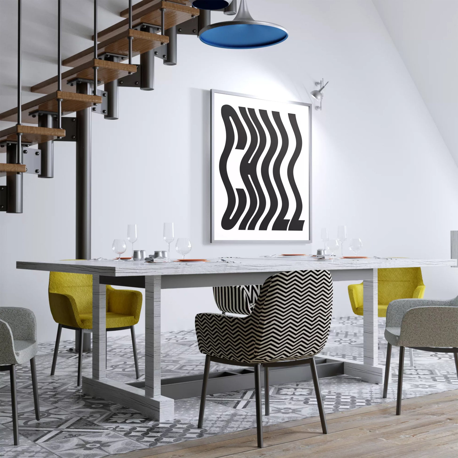 モダンな波状のタイポグラフィーアートプリント、白地に黒の抽象的な文字デザイン