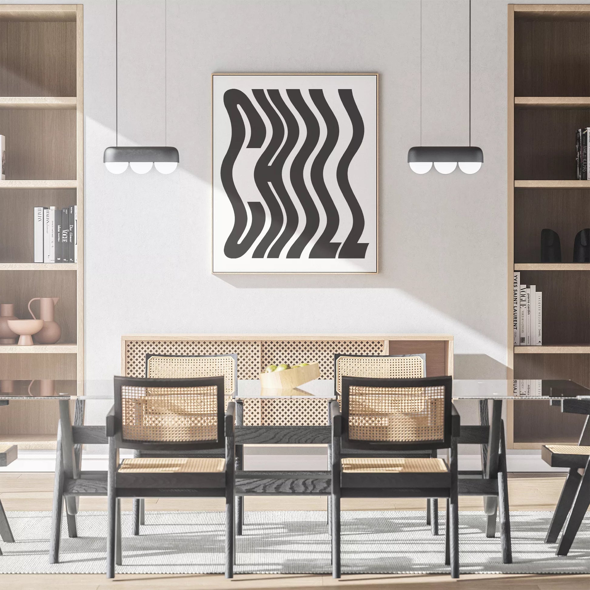 モダンな波状のタイポグラフィーアートプリント、白地に黒の抽象的な文字デザイン