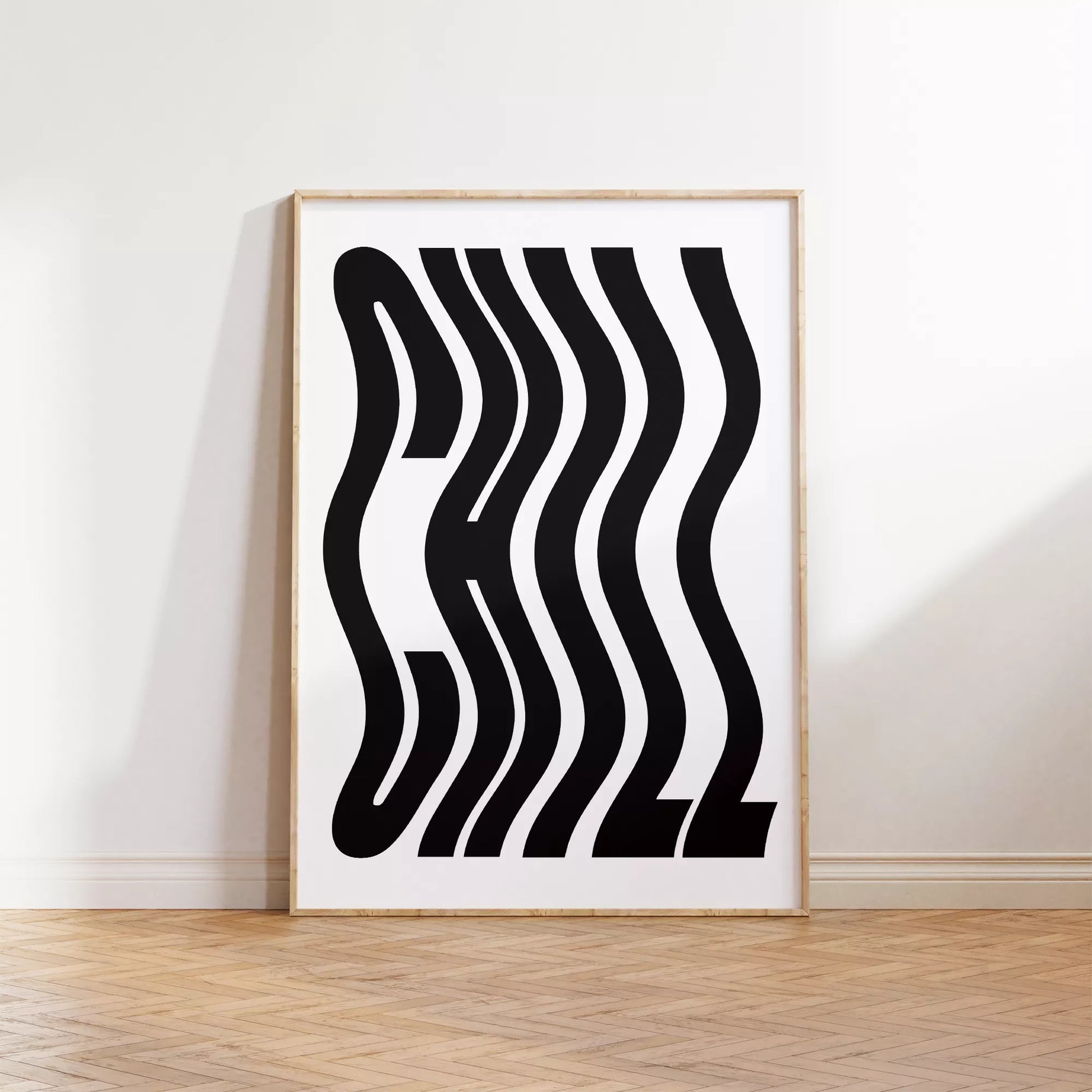 モダンな波状のタイポグラフィーアートプリント、白地に黒の抽象的な文字デザイン
