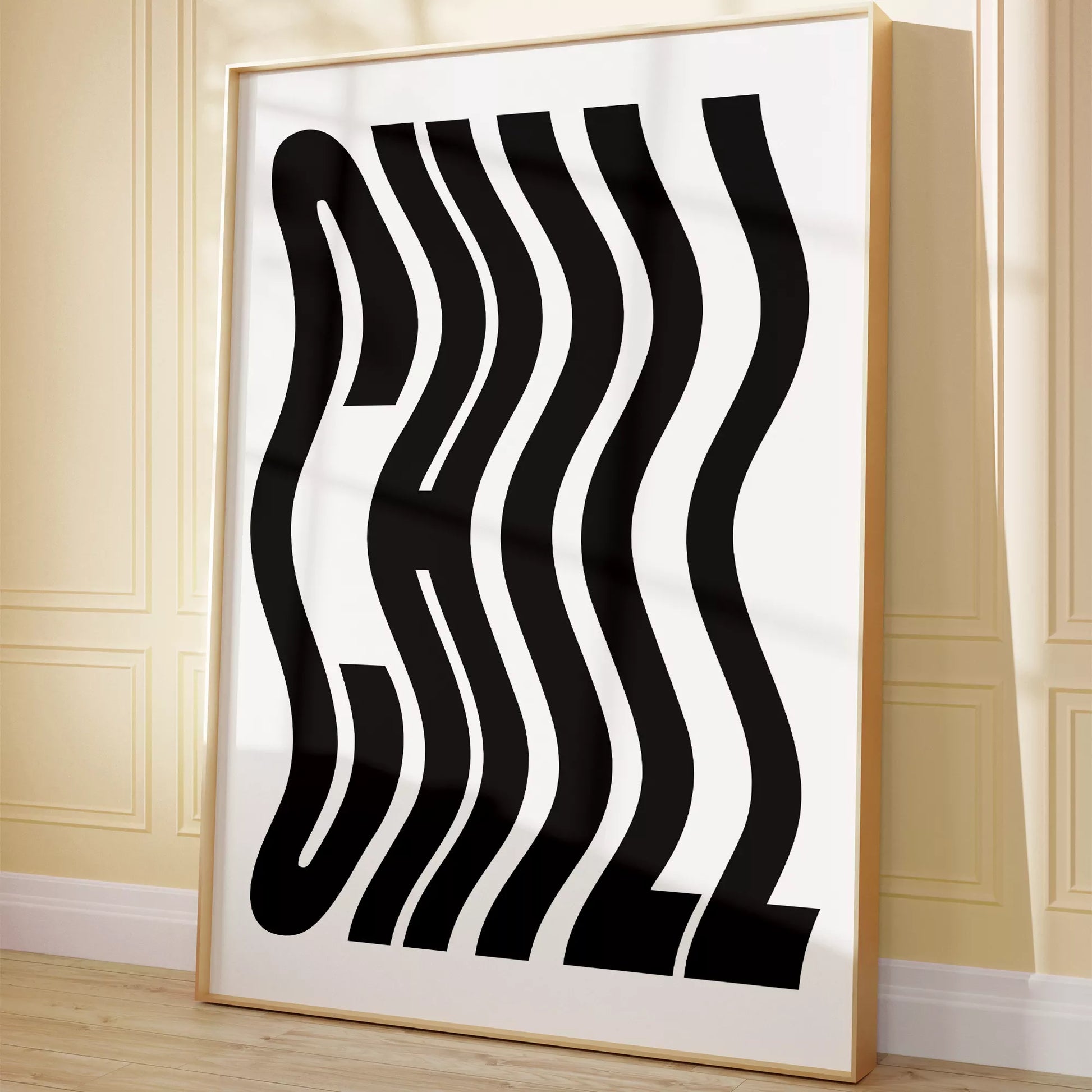 モダンな波状のタイポグラフィーアートプリント、白地に黒の抽象的な文字デザイン