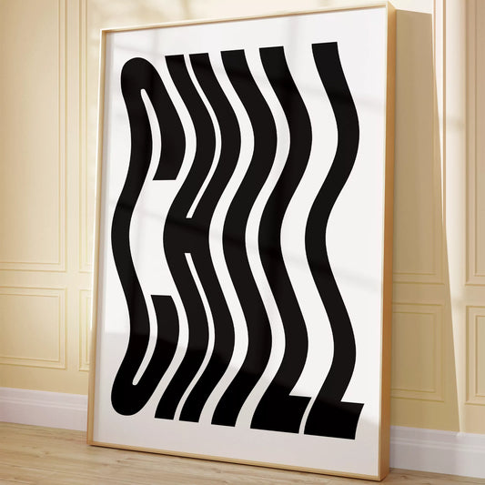 モダンな波状のタイポグラフィーアートプリント、白地に黒の抽象的な文字デザイン