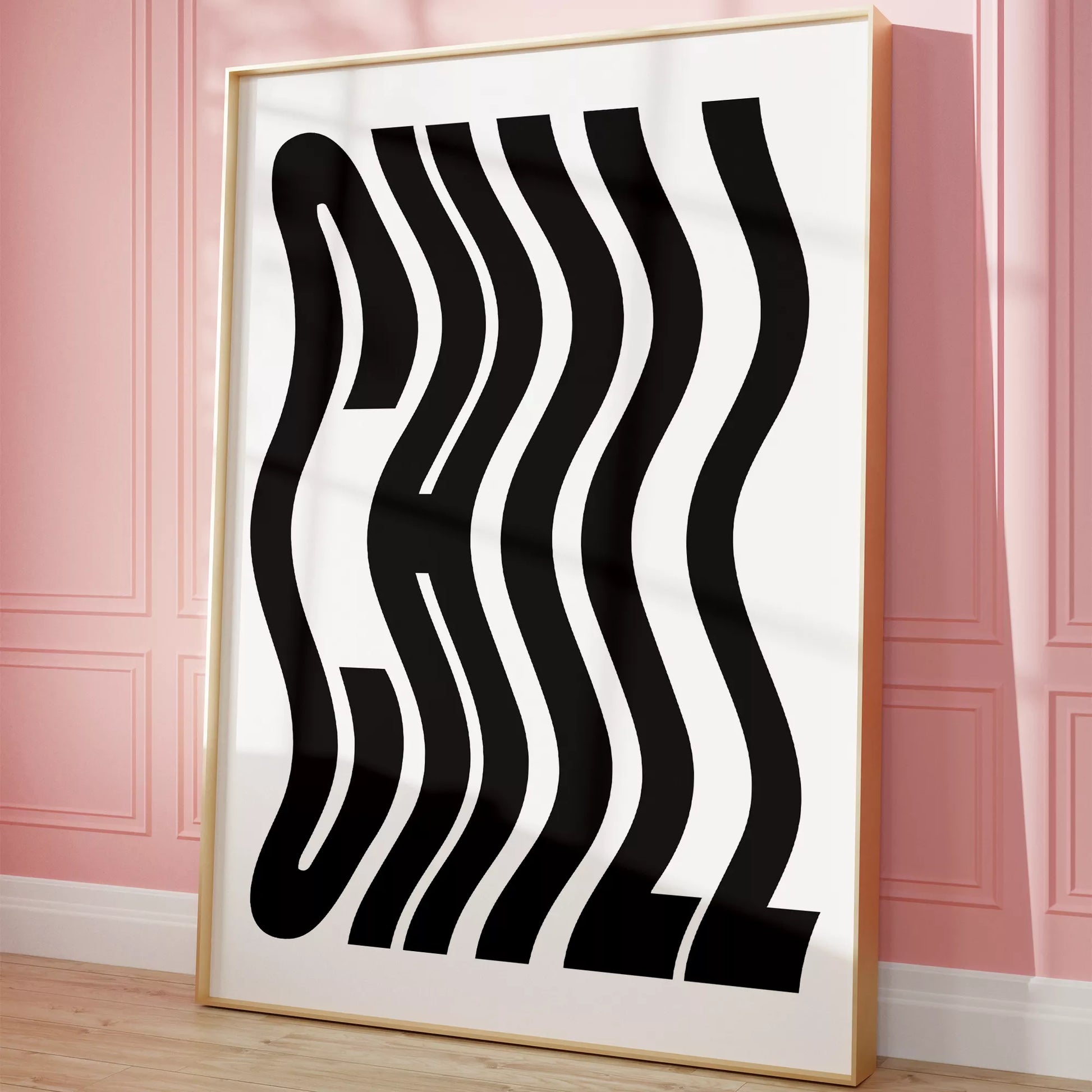 モダンな波状のタイポグラフィーアートプリント、白地に黒の抽象的な文字デザイン