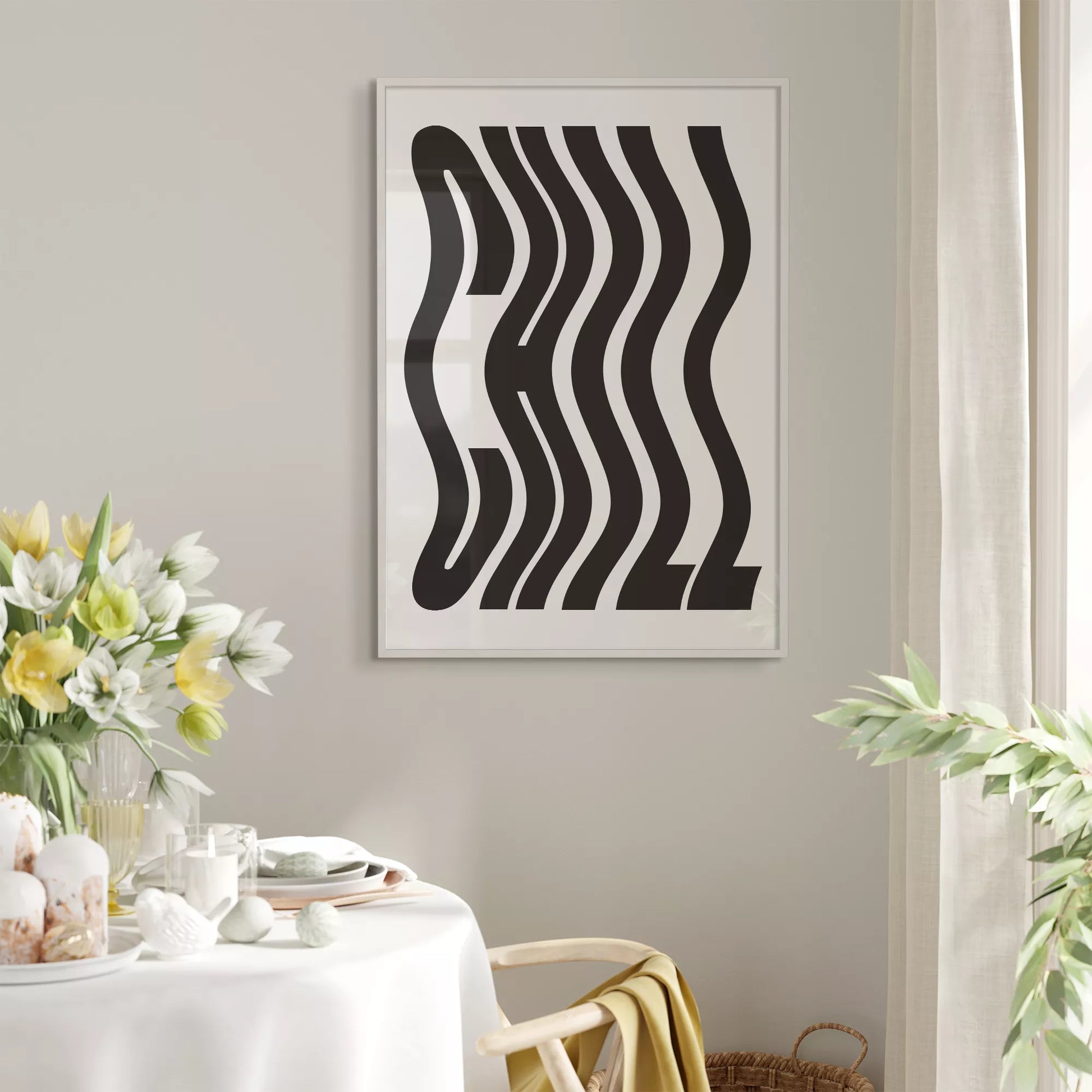 モダンな波状のタイポグラフィーアートプリント、白地に黒の抽象的な文字デザイン