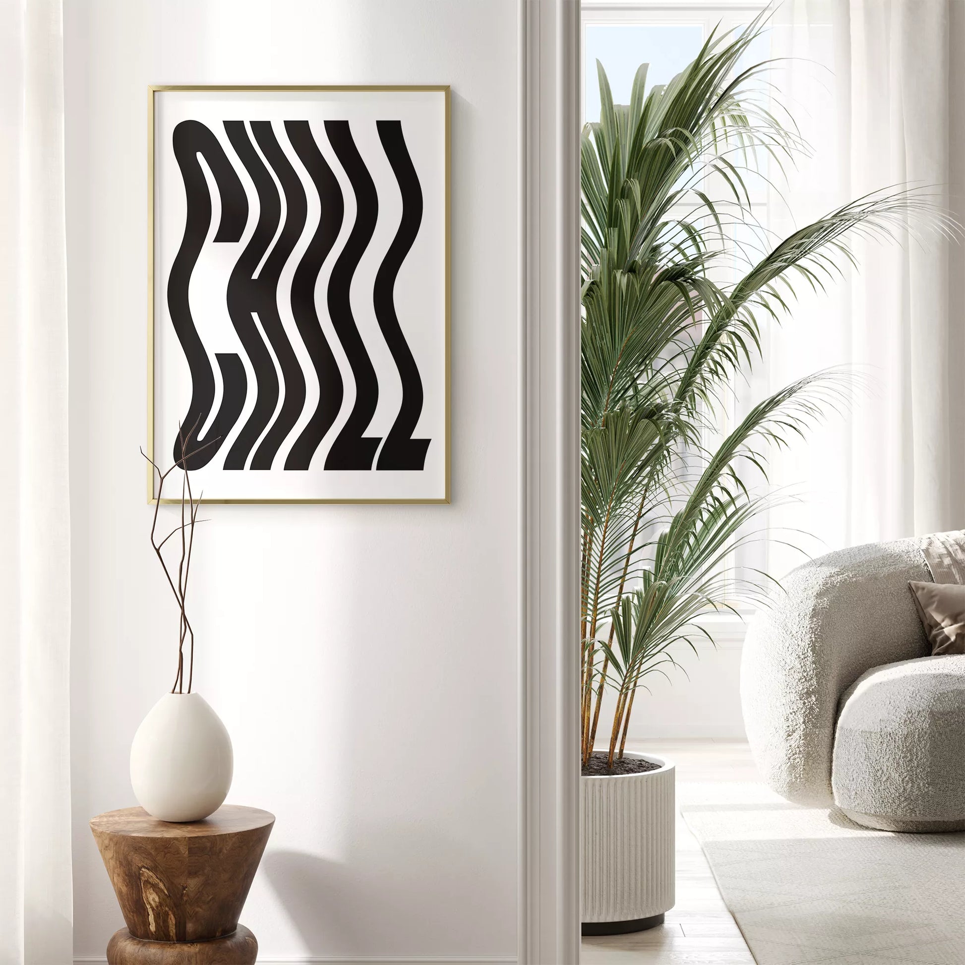 モダンな波状のタイポグラフィーアートプリント、白地に黒の抽象的な文字デザイン
