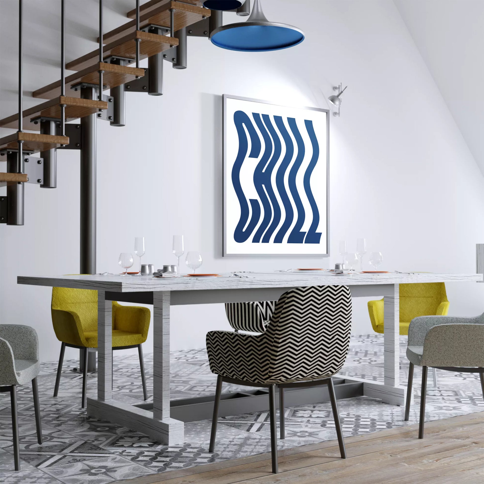 ネイビーブルーの波状タイポグラフィーが特徴的なモダンでミニマルなアートプリント。白い背景に映える洗練されたデザインで、現代的なインテリアに最適。