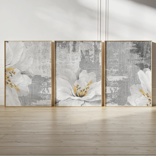 アートポスター ホワイトリリー 抽象 グレー ゴールド アクセント 北欧 モダン インテリア 3枚セット