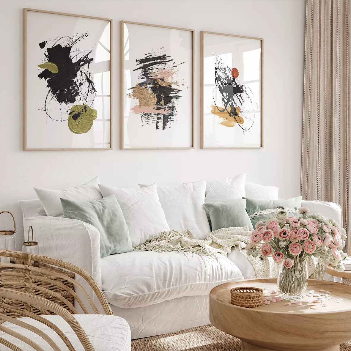 墨絵風抽象アート3点セット、金箔とパステルカラーのアクセント