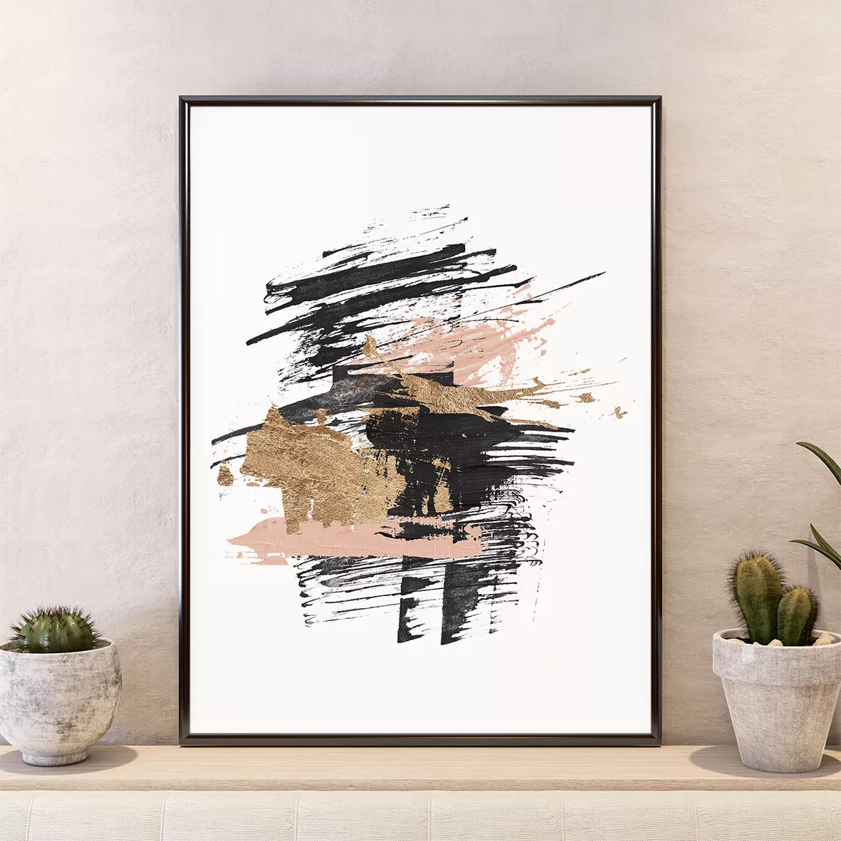 墨絵風抽象アート3点セット、金箔とパステルカラーのアクセント