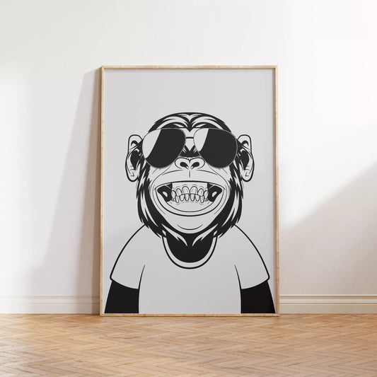 サングラスをかけた笑顔の猿のモノクロアートポスター