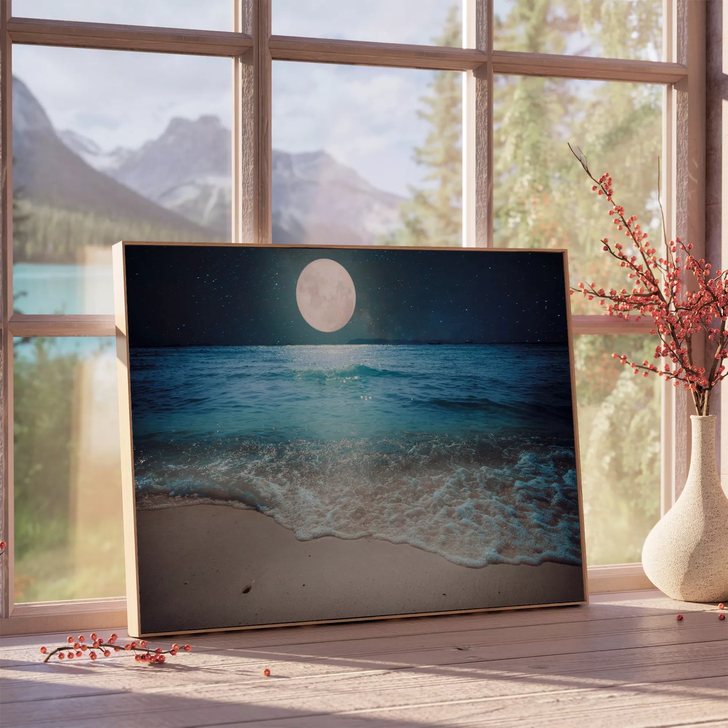 月光に照らされた夜の海辺、穏やかな波と満月の風景