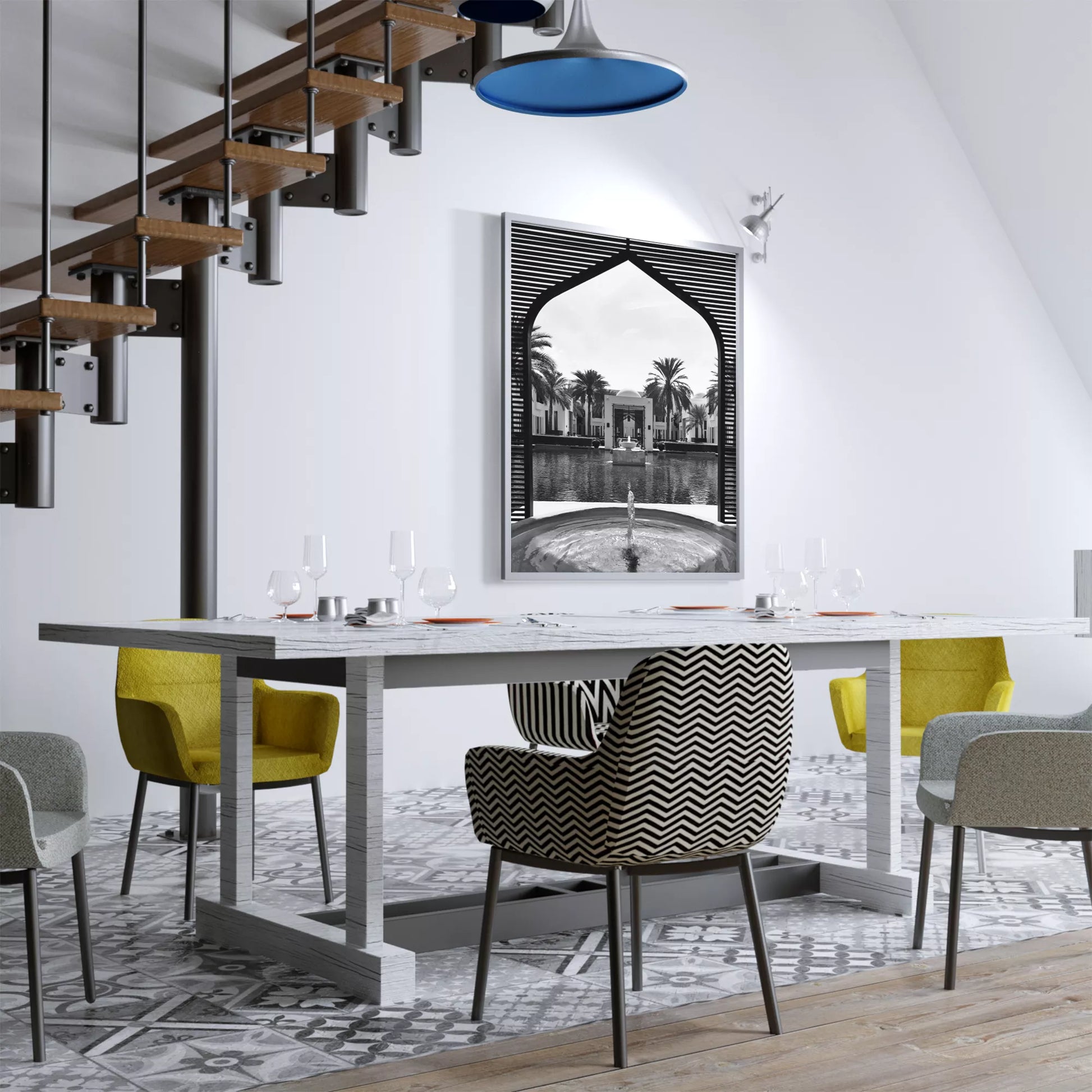 モロッコ風アーチとヤシの木の噴水が描かれたモノクロアートプリント