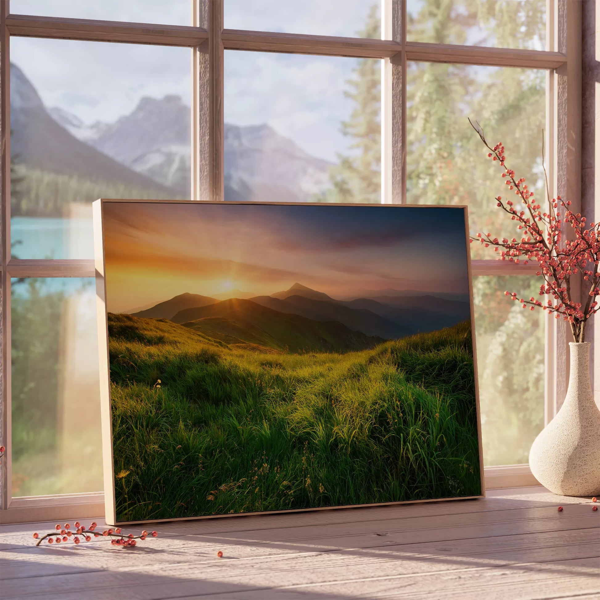 山の日の出と緑の草原が織りなす自然風景