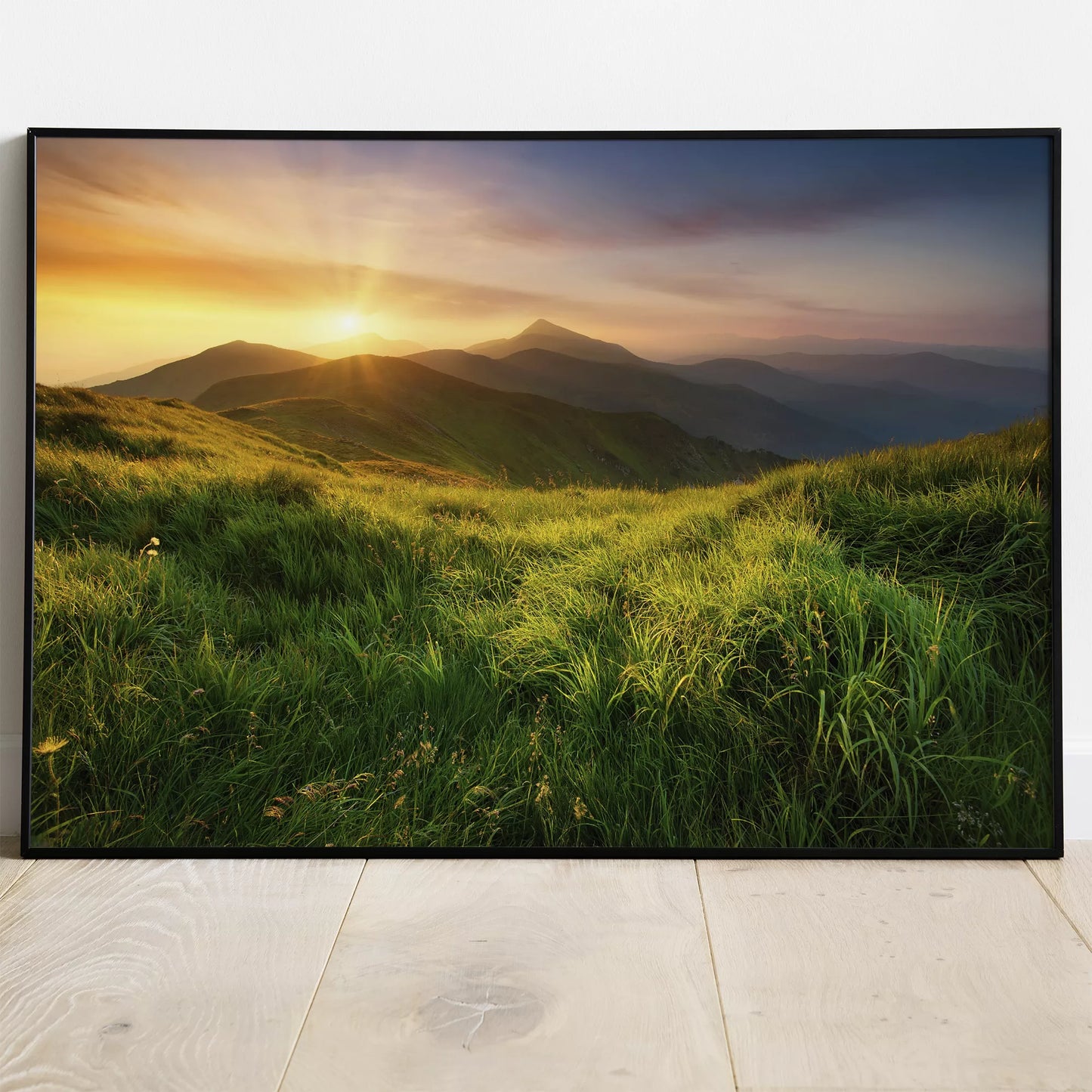 山の日の出と緑の草原が織りなす自然風景