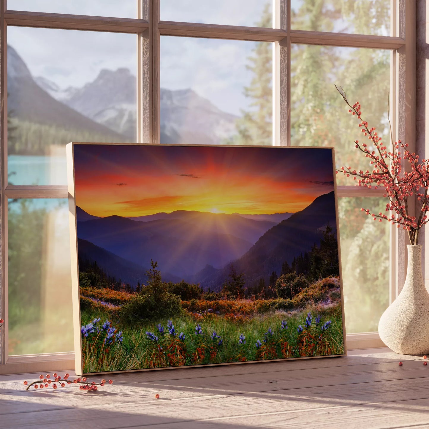 夕陽に染まる山々と高原に咲く紫の野花の風景