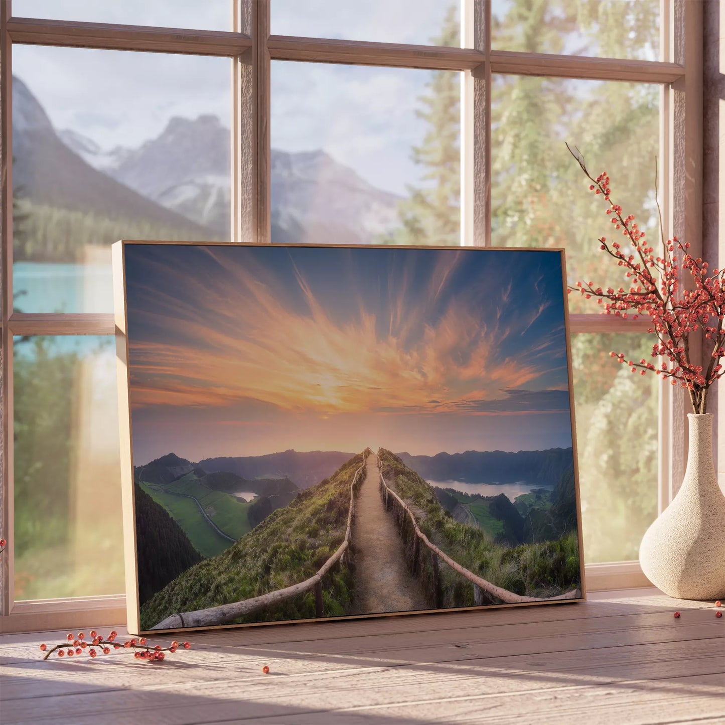 夕陽に照らされた山道からの絶景パノラマ風景