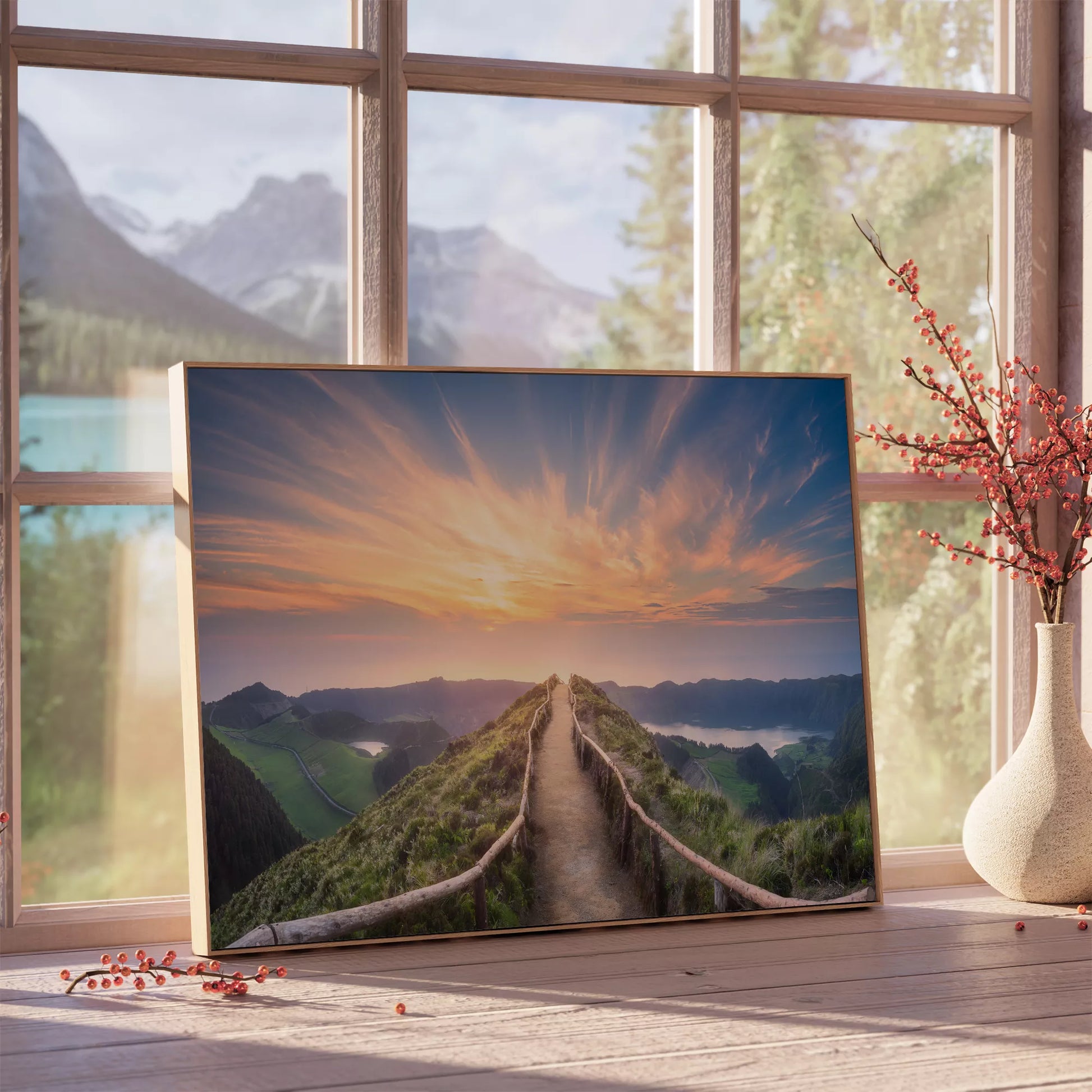 夕陽に照らされた山道からの絶景パノラマ風景