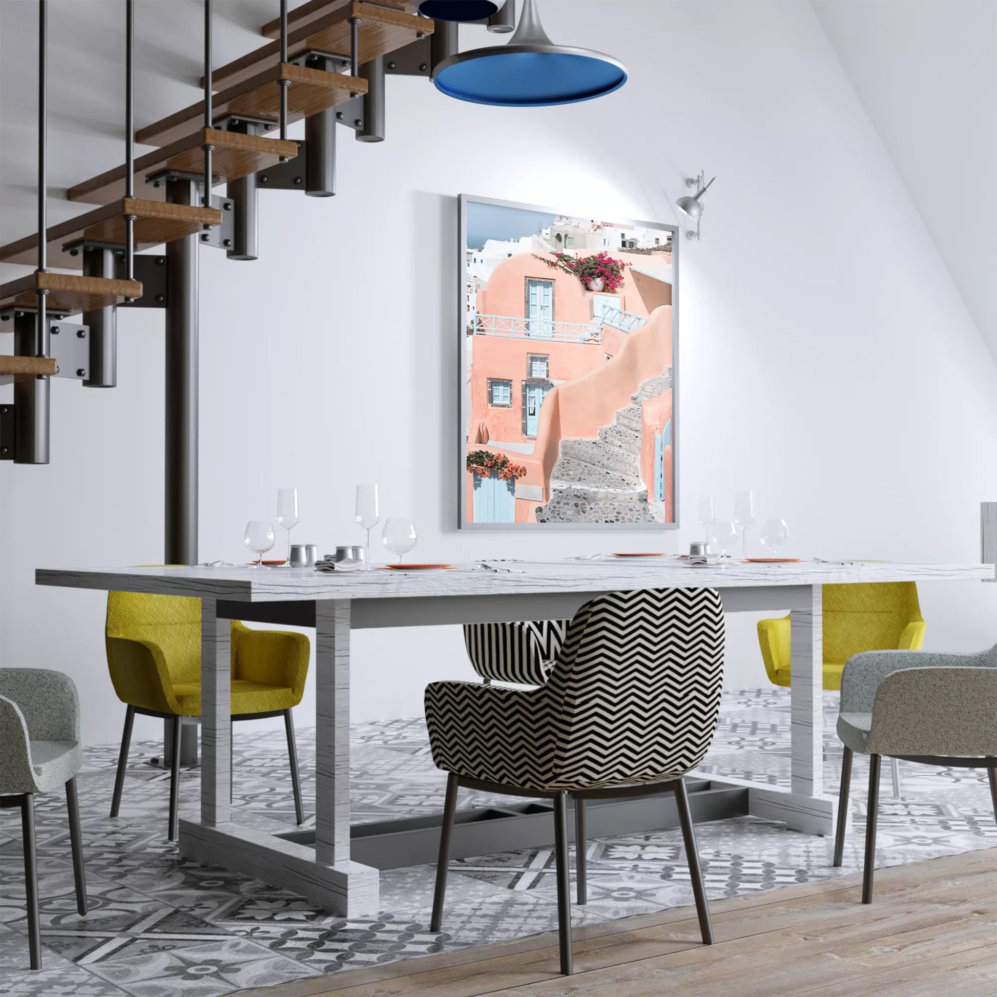 サントリーニ島のパステルピンクの建物と水色のドア、赤いブーゲンビリアが咲く地中海建築アート。白壁の街並みと石畳の小道が見える風景。