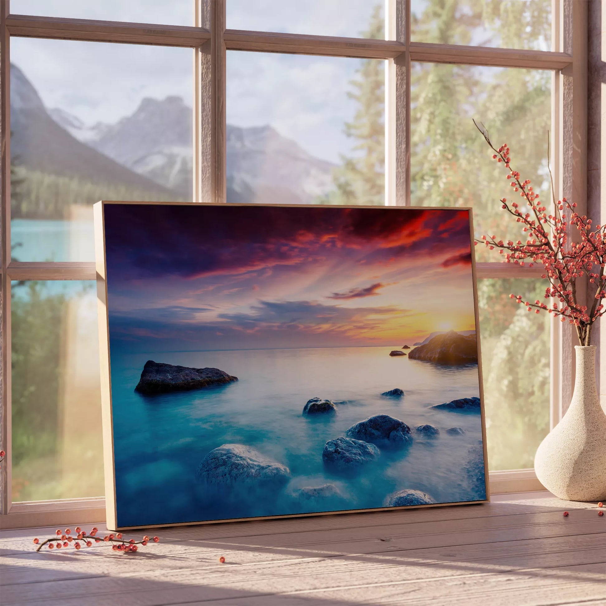 夕暮れの海岸に佇む岩々と神秘的なターコイズブルーの海景色