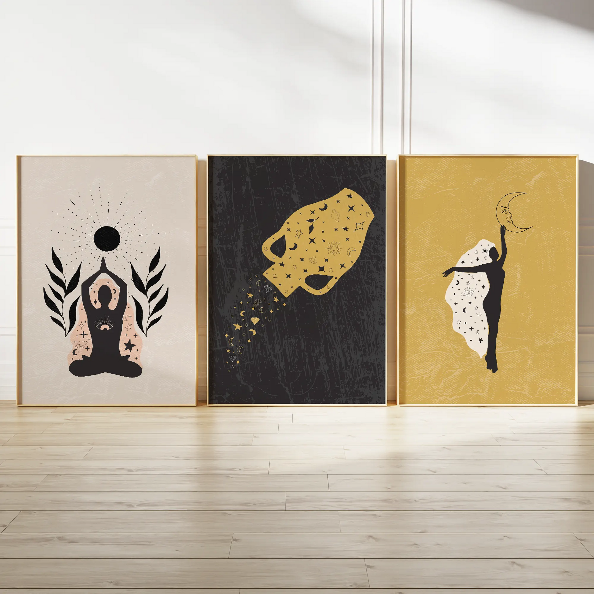 月と星のヨガシルエットが輝くゴールドボヘミアンアートポスター 3枚セット