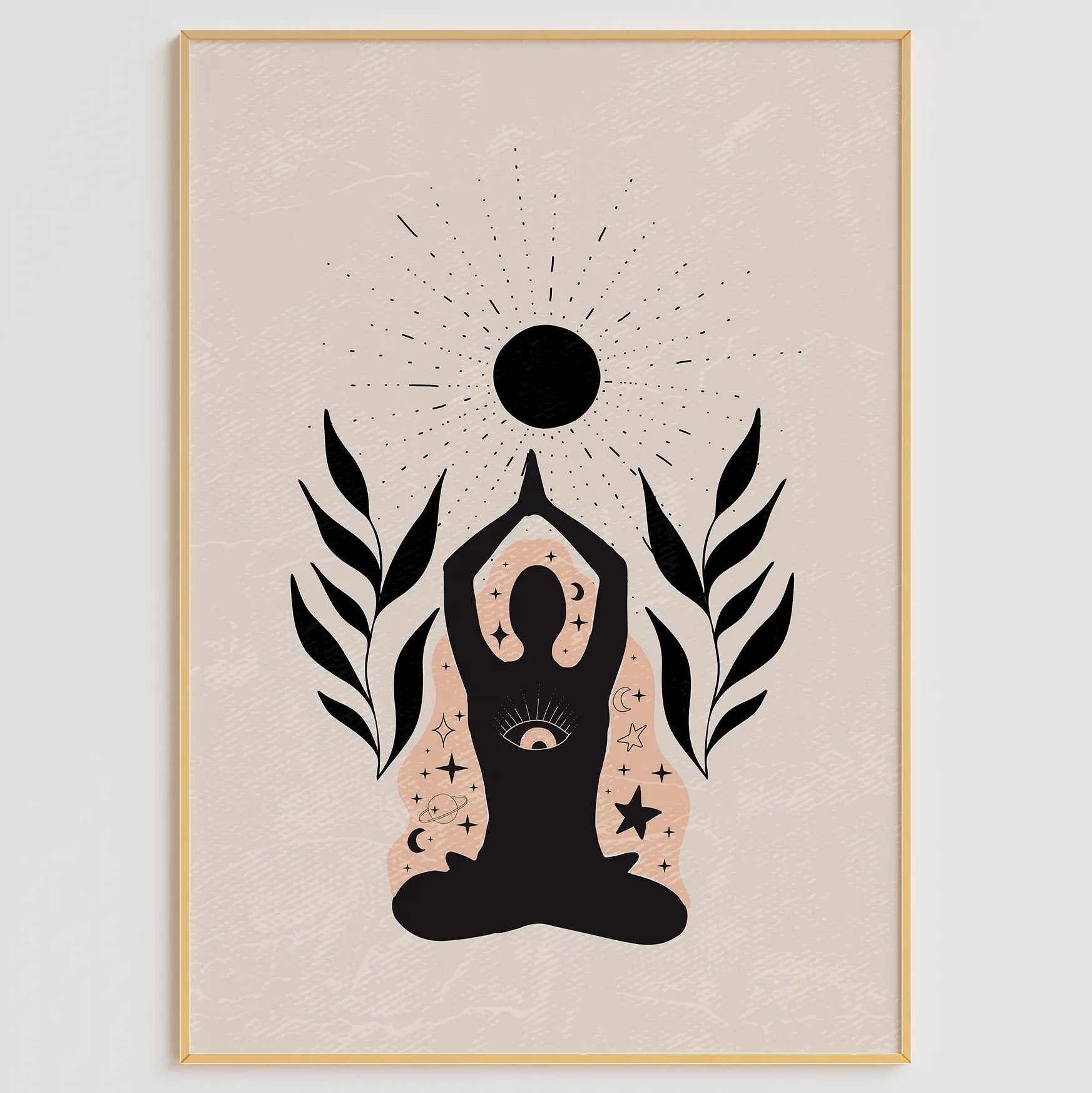 月と星のヨガシルエットが輝くゴールドボヘミアンアートポスター 3枚セット