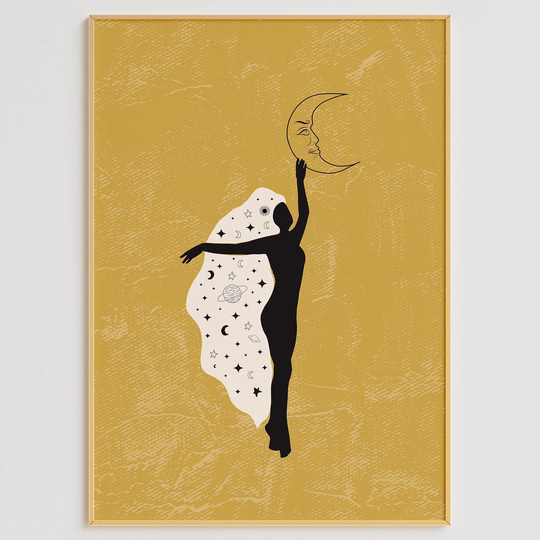 月と星のヨガシルエットが輝くゴールドボヘミアンアートポスター 3枚セット
