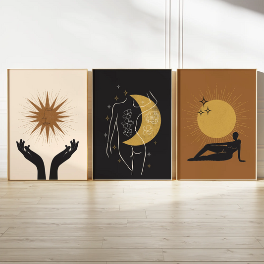 神秘的な太陽と月のゴールドシルエットアートポスター 北欧モダンインテリア 3枚セット