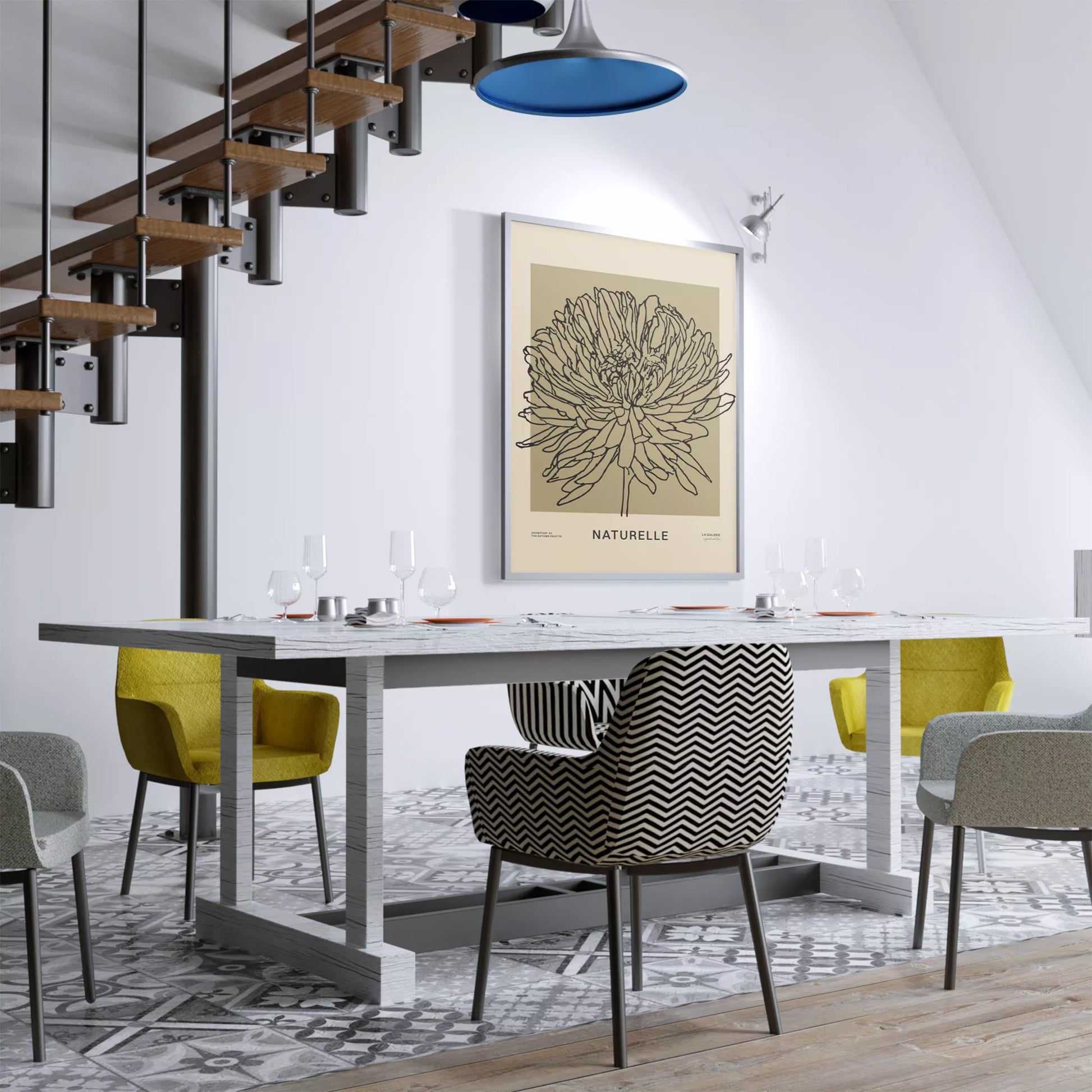 ナチュレル フラワー ラインアート ポスター、モダンなインテリアに最適