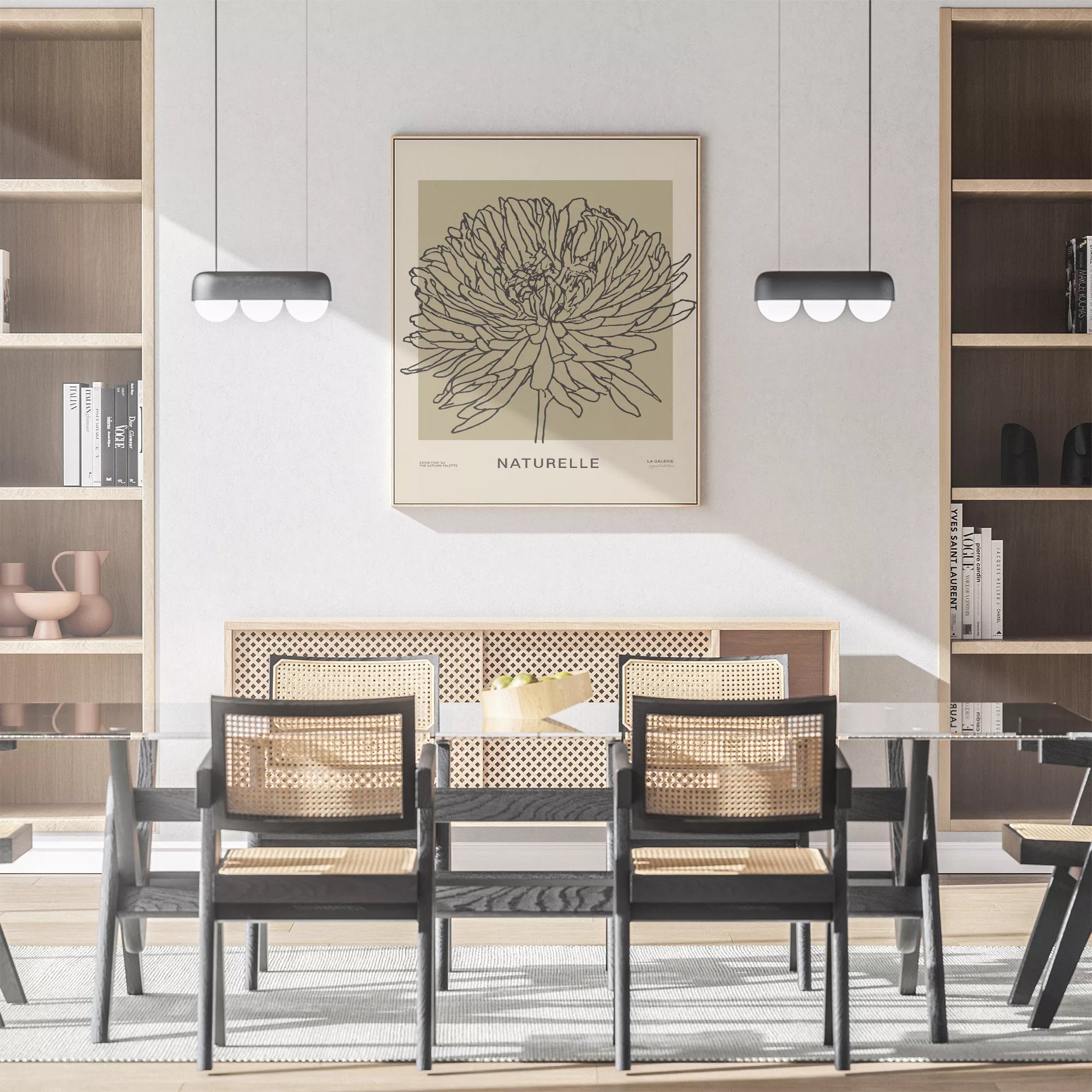 ナチュレル フラワー ラインアート ポスター、モダンなインテリアに最適