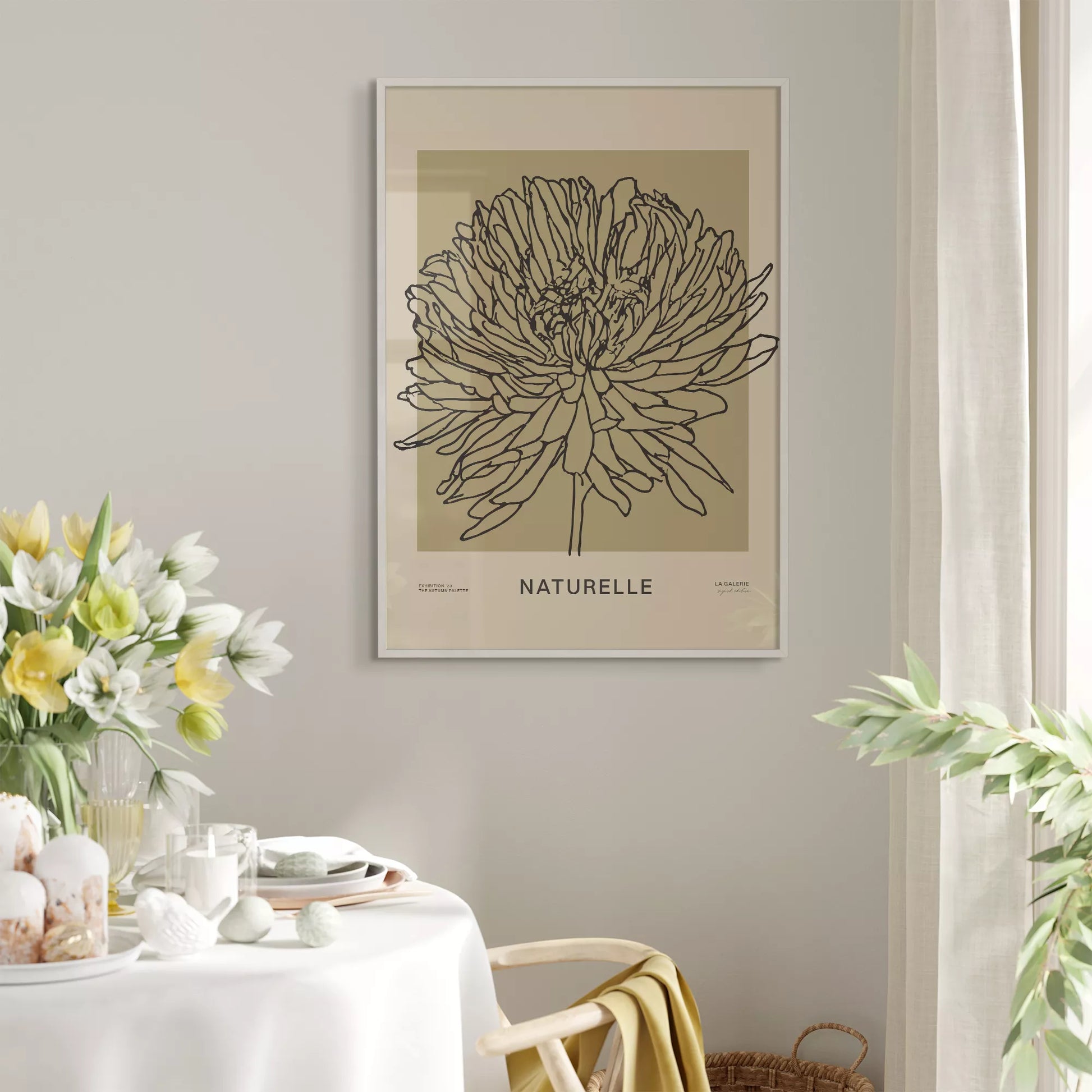 ナチュレル フラワー ラインアート ポスター、モダンなインテリアに最適