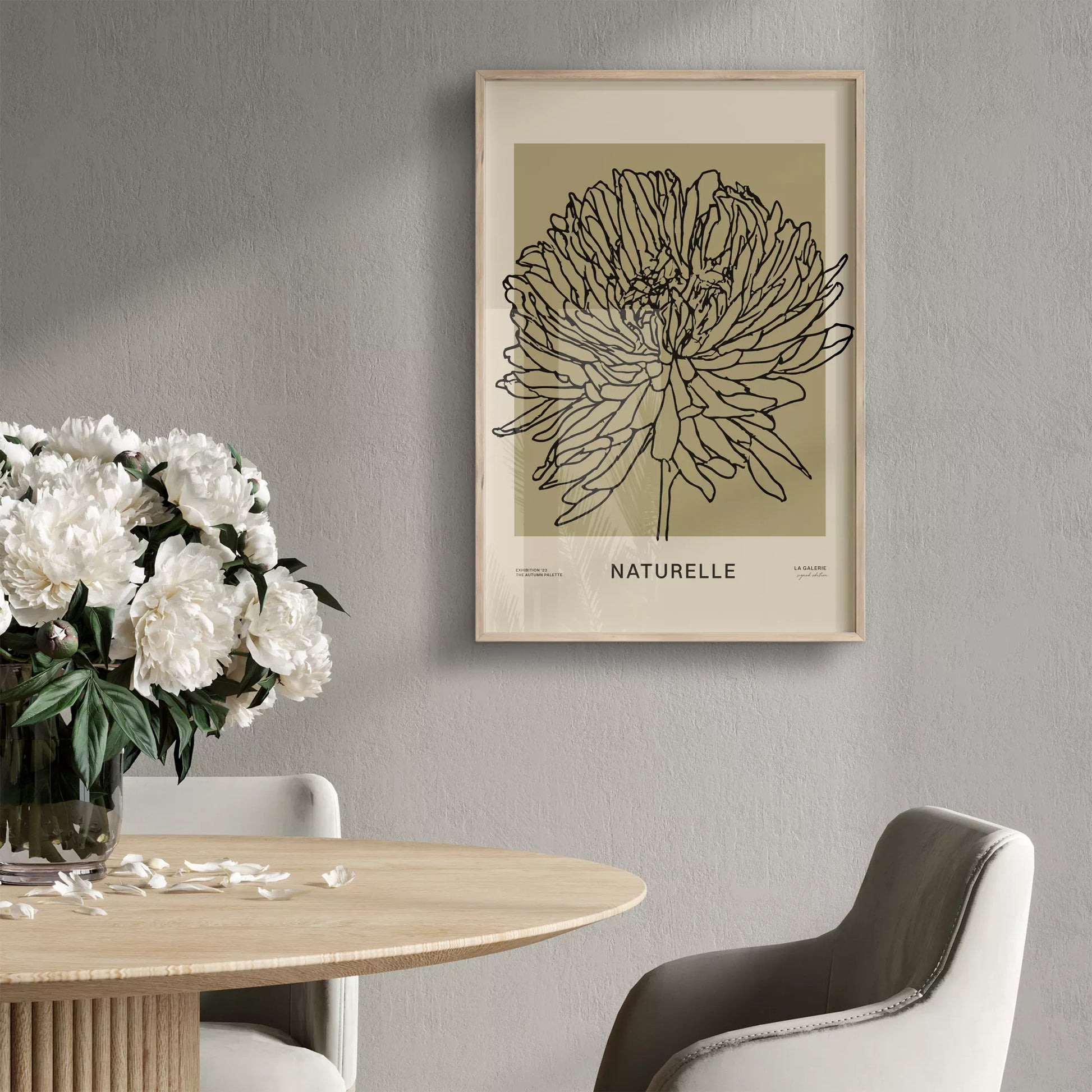 ナチュレル フラワー ラインアート ポスター、モダンなインテリアに最適