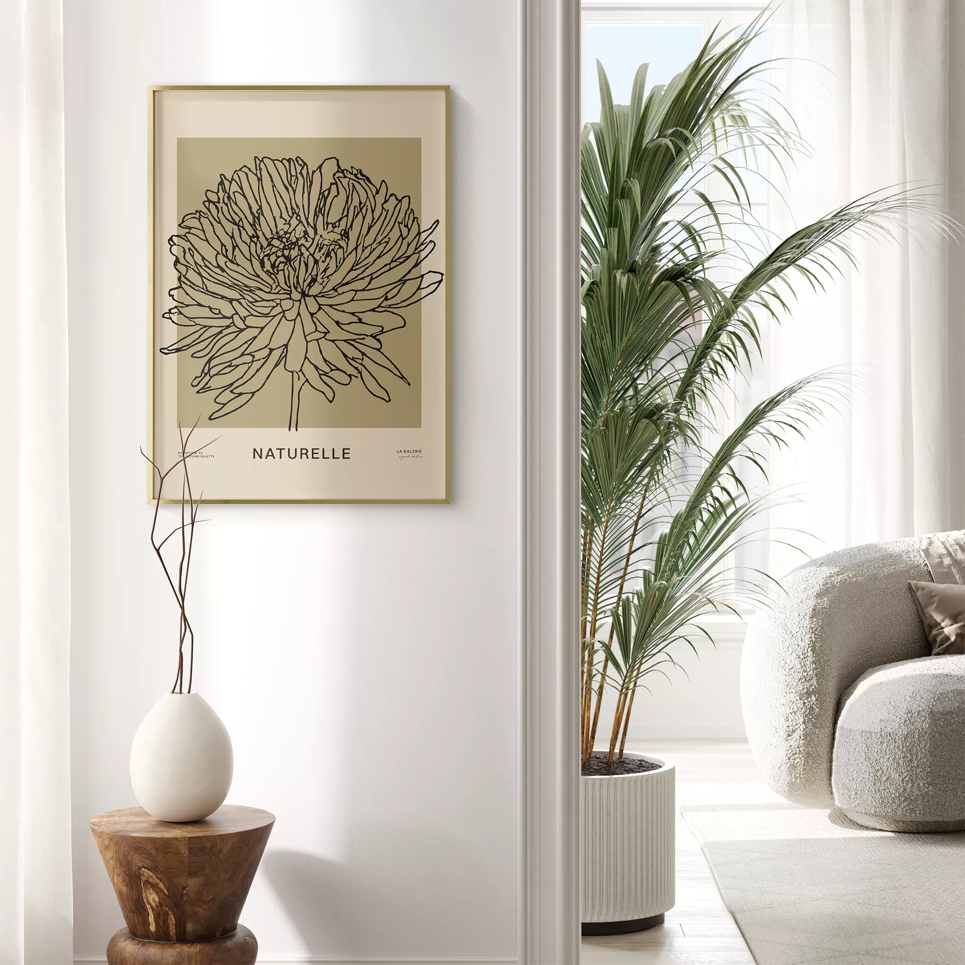 ナチュレル フラワー ラインアート ポスター、モダンなインテリアに最適