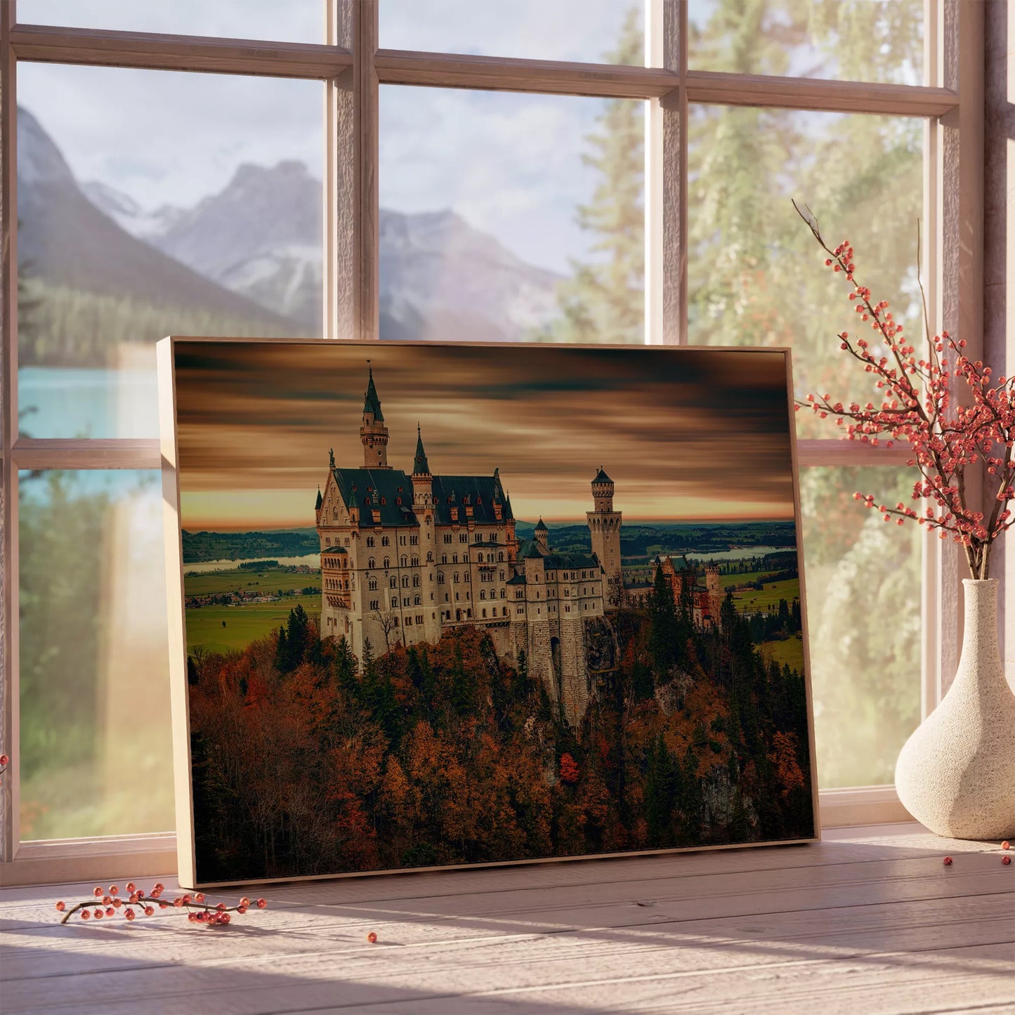 ドイツのノイシュヴァンシュタイン城と紅葉する秋の森、夕暮れの風景