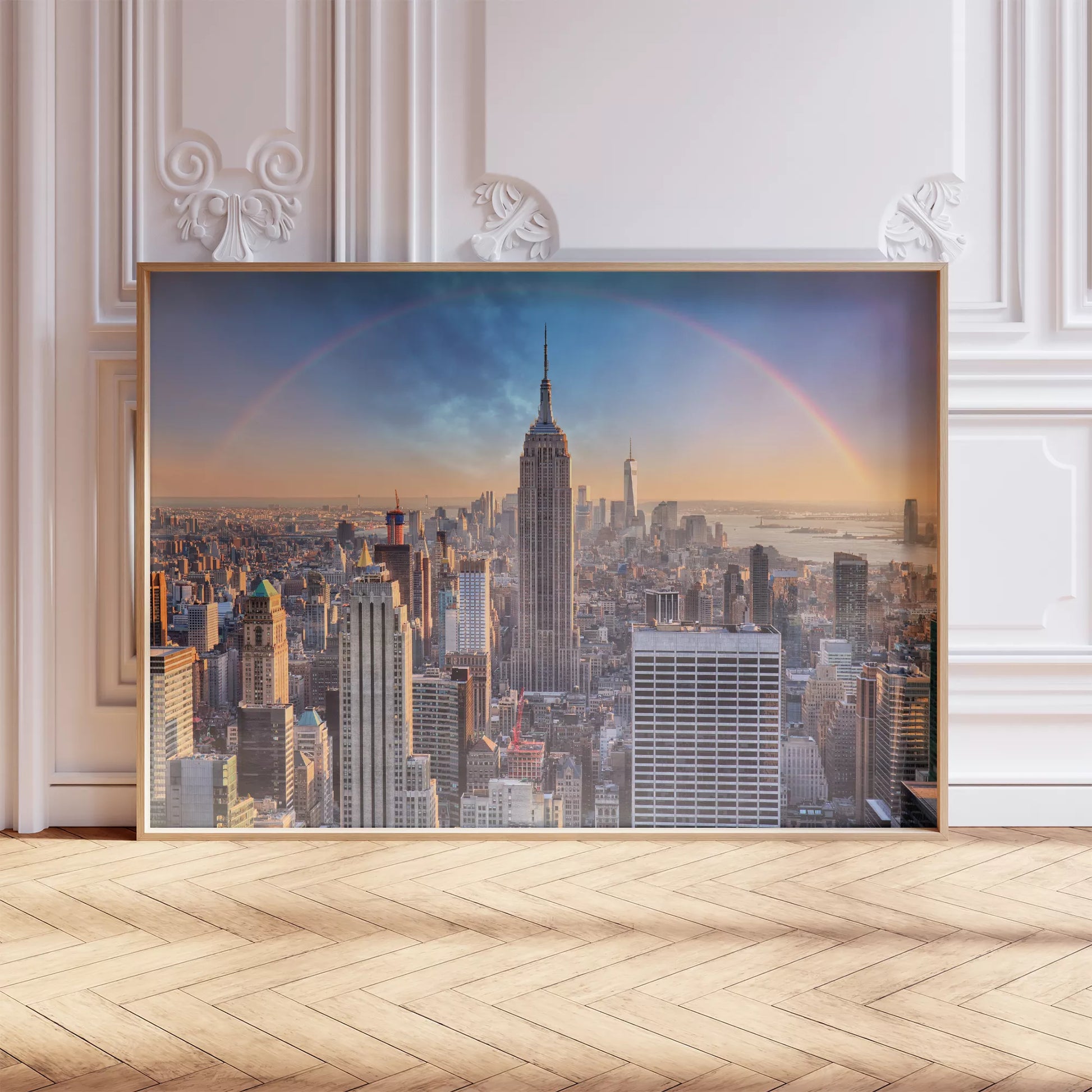 虹とエンパイアステートビルが美しいニューヨークの都市風景アートポスター